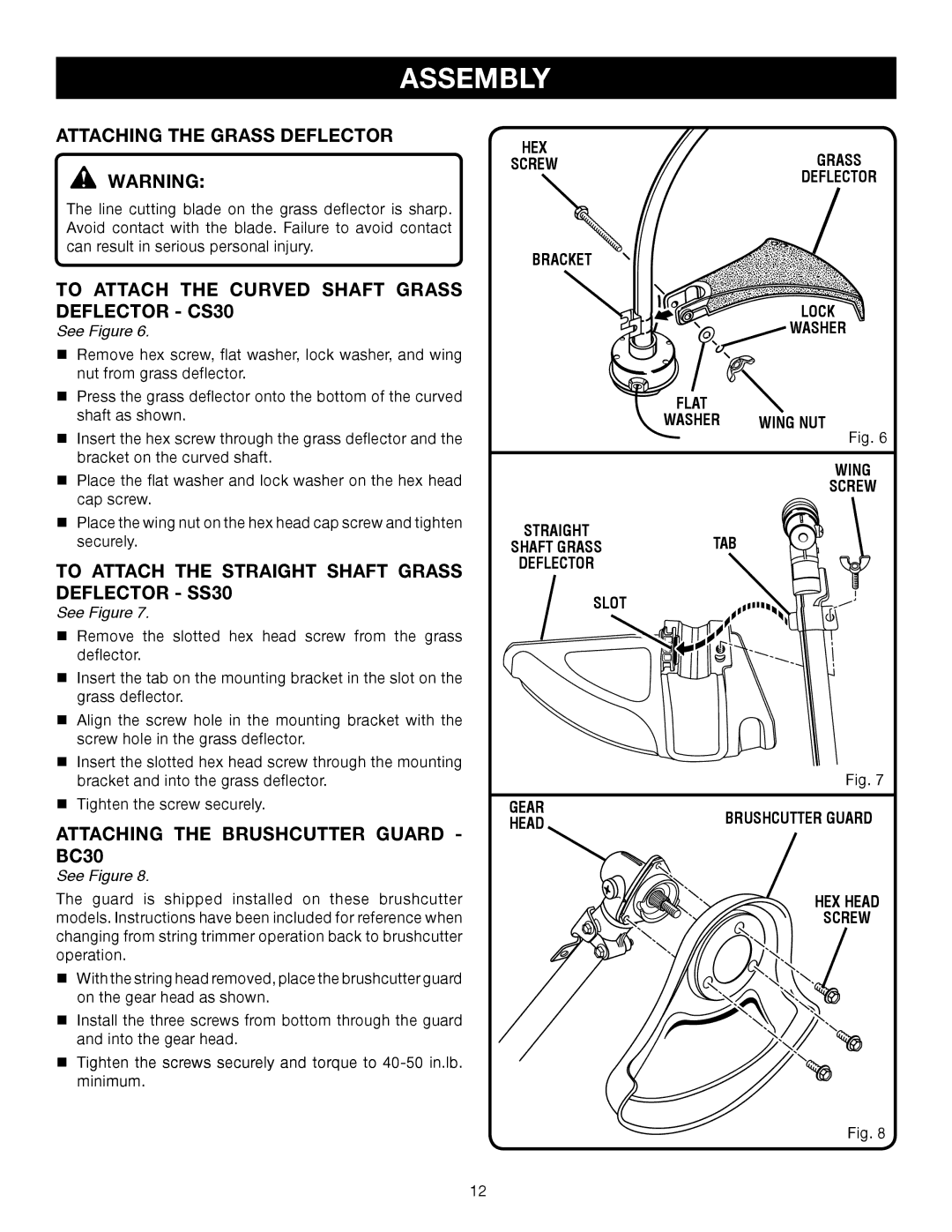 Ryobi CS30 RY30220, SS30 RY30240 manual Attaching the Grass Deflector, To Attach the Curved Shaft Grass Deflector CS30 