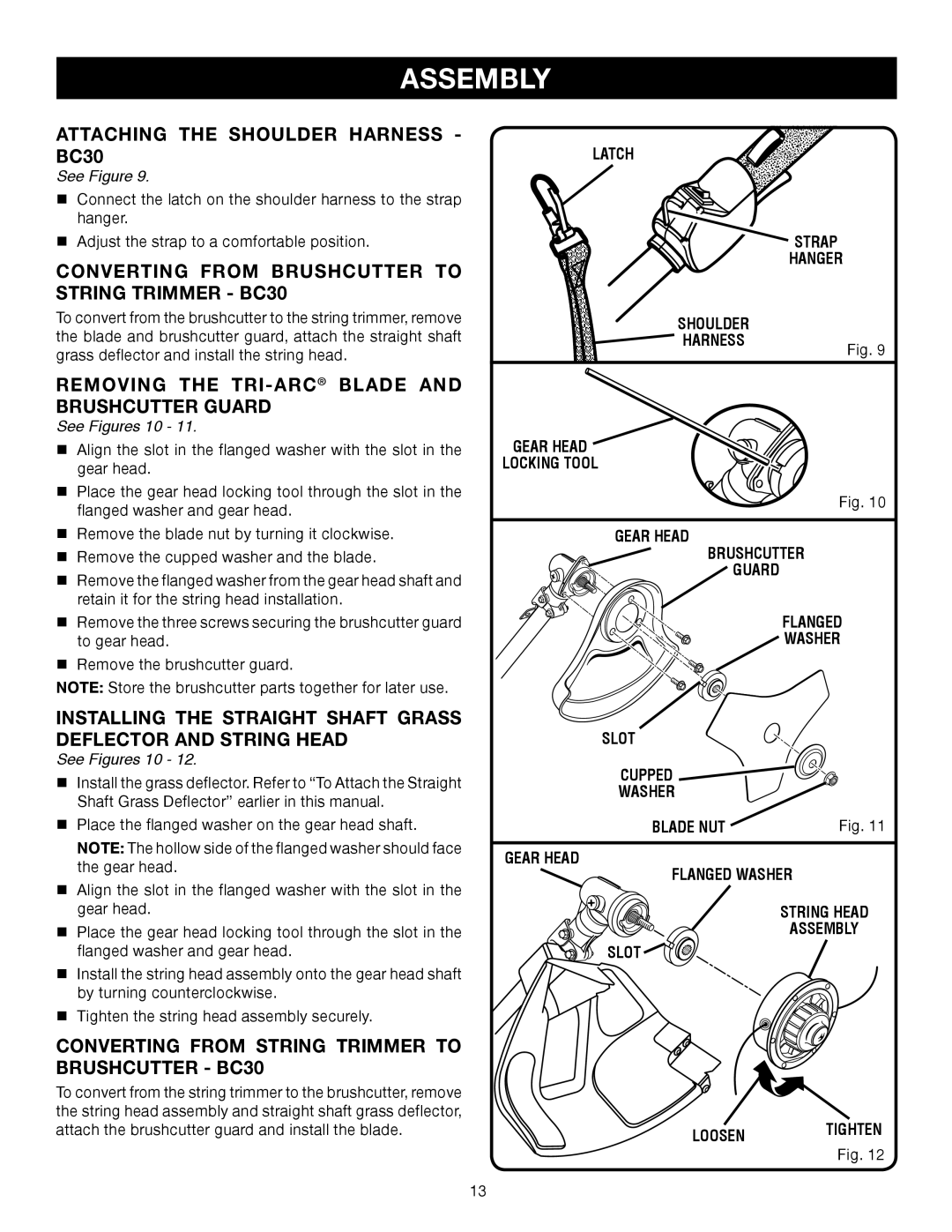 Ryobi SS30 RY30240 Attaching the Shoulder Harness BC30, Converting from Brushcutter to String Trimmer BC30, See Figures 10 