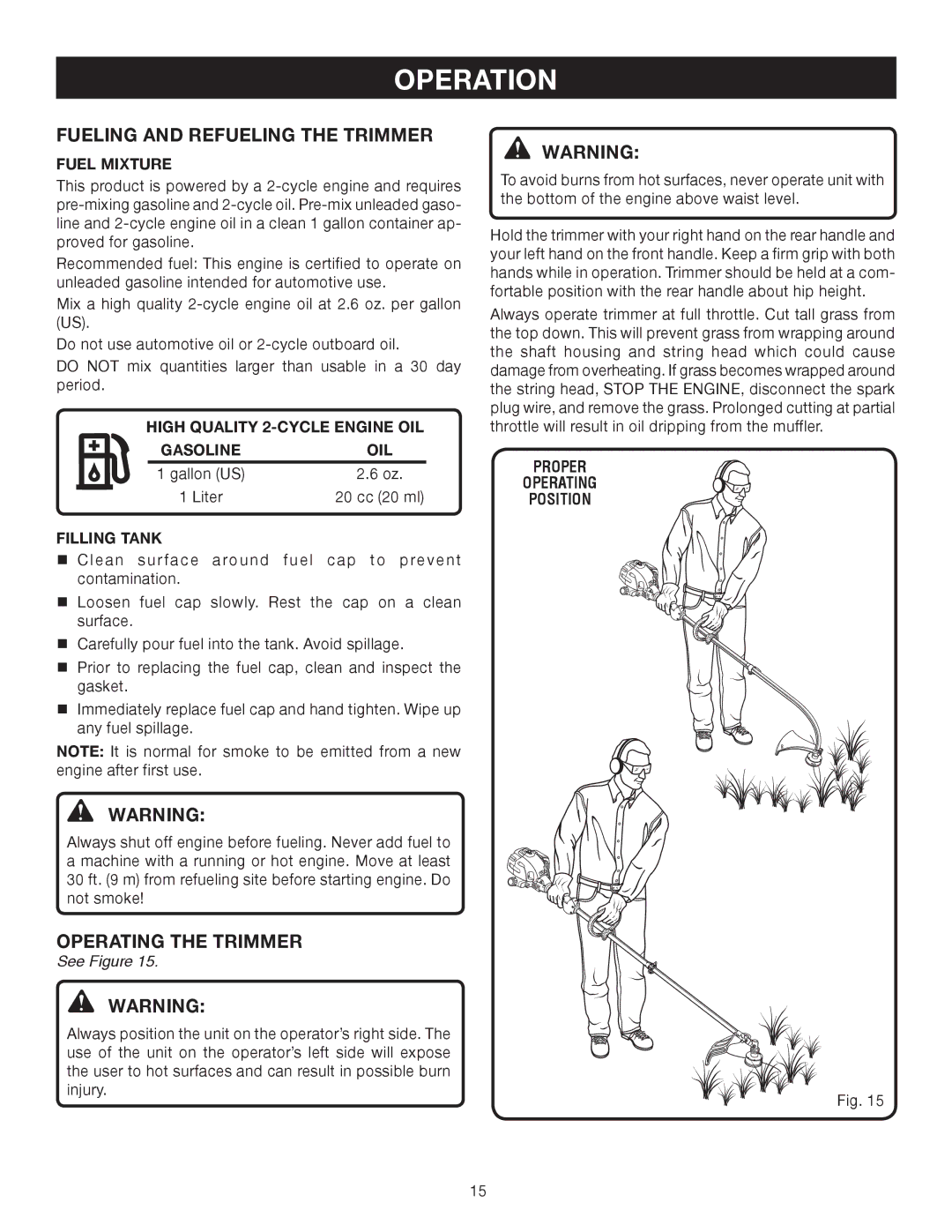 Ryobi CS30 RY30220, SS30 RY30240, BC30 RY30260 manual Fueling and Refueling the Trimmer, Operating the Trimmer 
