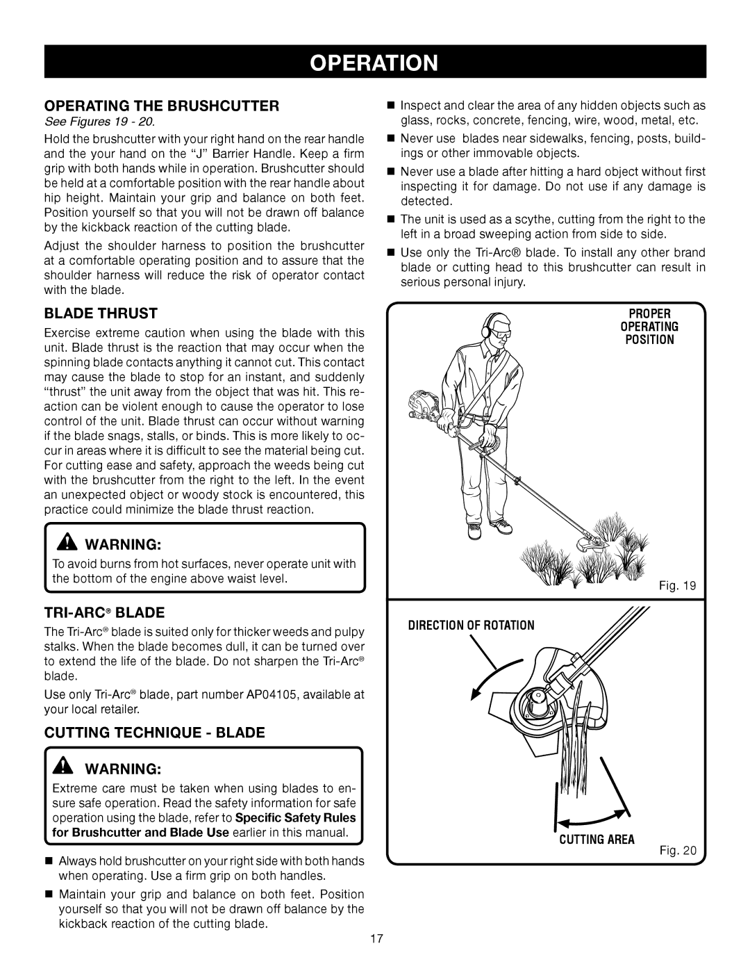 Ryobi BC30 RY30260 manual Operating the Brushcutter, Blade Thrust, Tri-Arcblade, Cutting Technique Blade, See Figures 19 