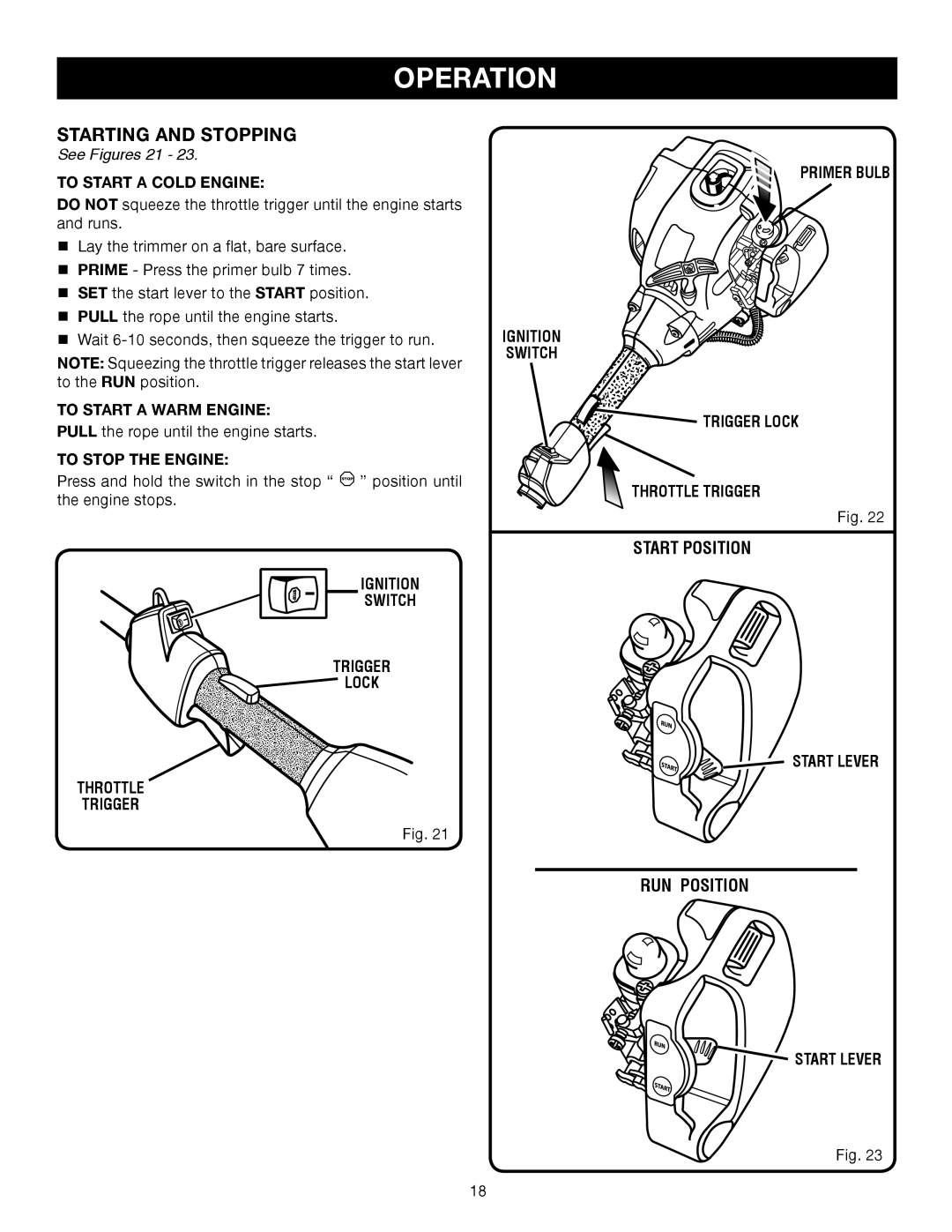 Ryobi CS30 RY30220 manual Starting and Stopping, See Figures 21, To Start a Cold Engine, To Stop the Engine, Start Lever 