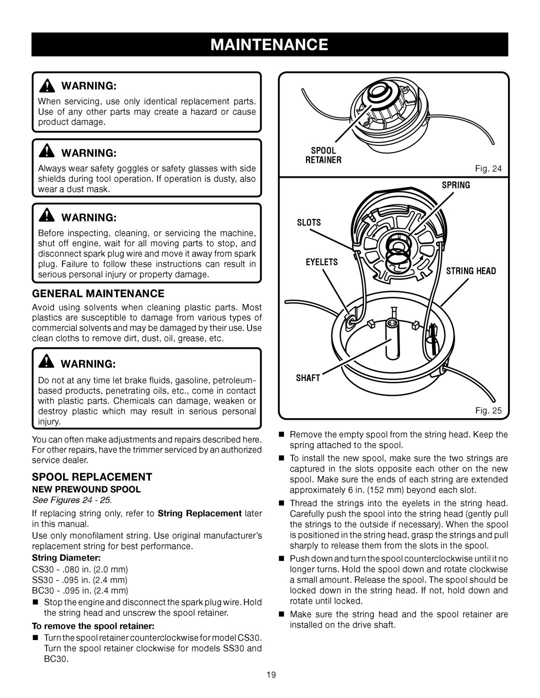 Ryobi SS30 RY30240, CS30 RY30220, BC30 RY30260 manual General Maintenance, Spool Replacement, See Figures 24 