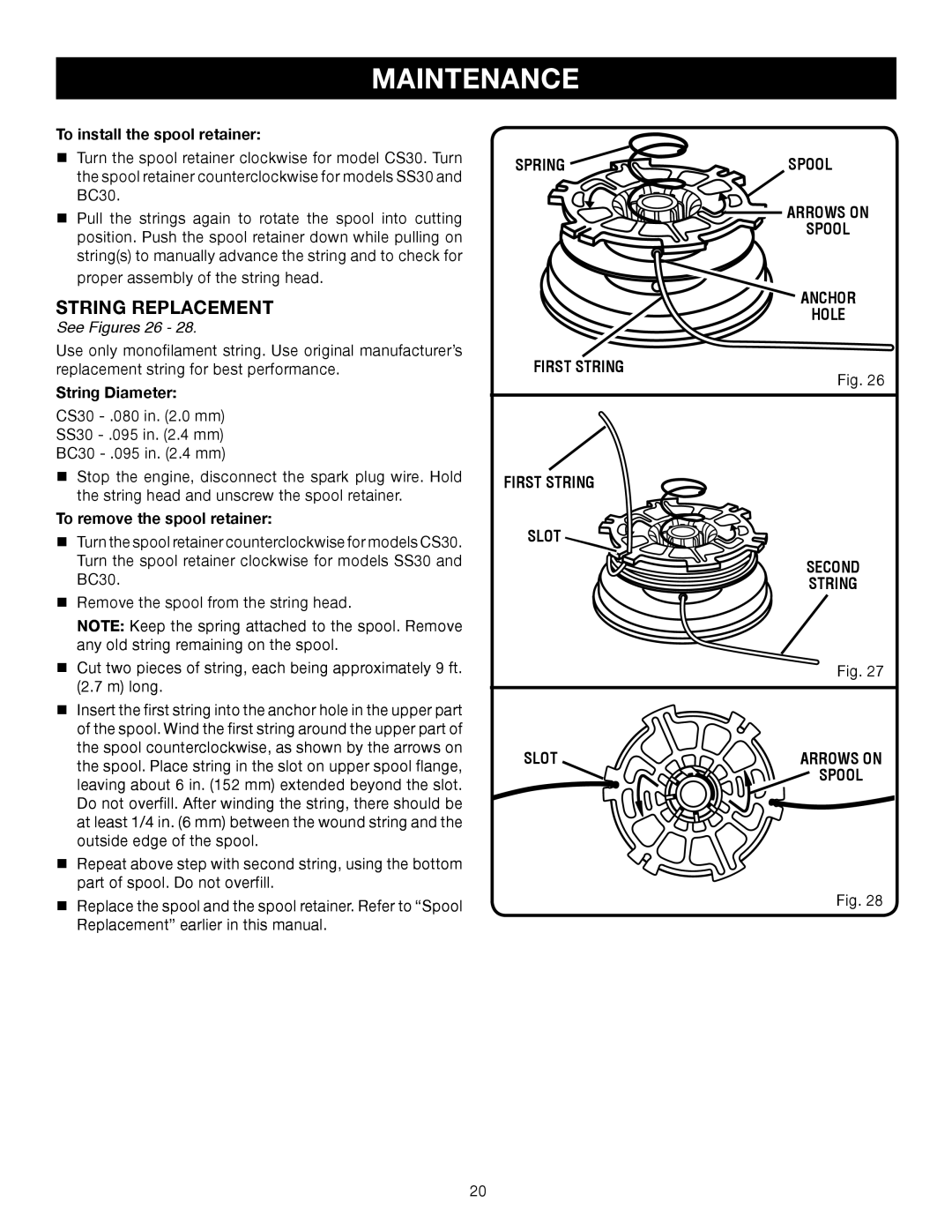 Ryobi BC30 RY30260 String Replacement, See Figures 26, Arrows on Spool Anchor Hole, First String Slot, Second String Slot 