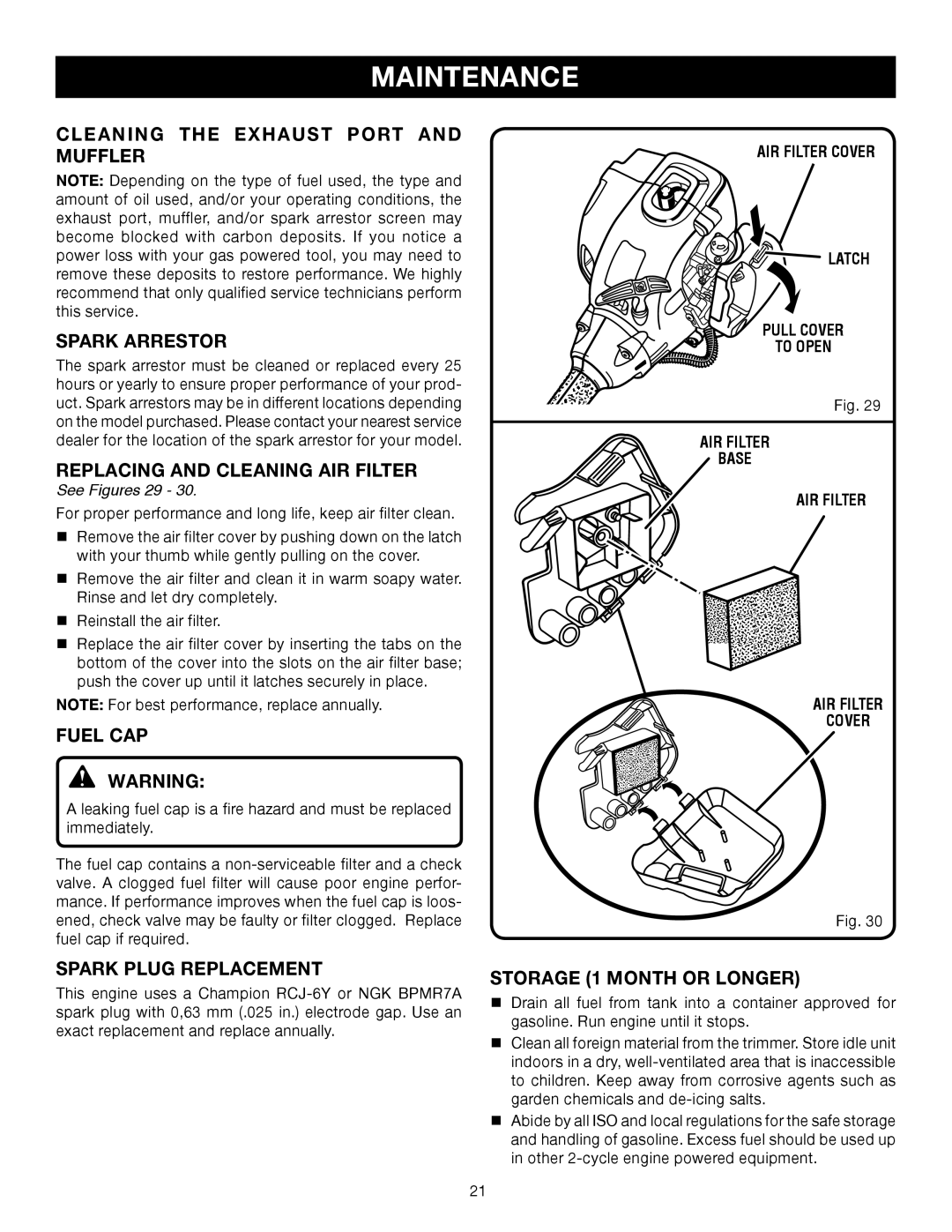 Ryobi CS30 RY30220 manual Cleaning the Exhaust Port and Muffler Spark Arrestor, Replacing and Cleaning AIR Filter, Fuel CAP 