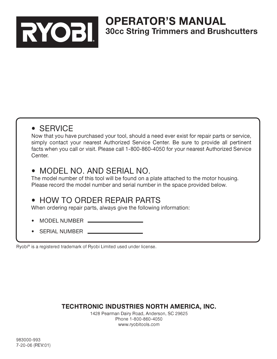 Ryobi BC30 RY30260, CS30 RY30220, SS30 RY30240 manual Service 