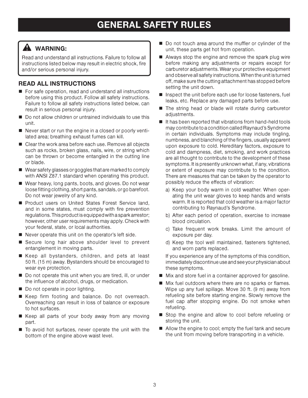 Ryobi CS30 RY30220, SS30 RY30240, BC30 RY30260 manual General Safety Rules, Read ALL Instructions 