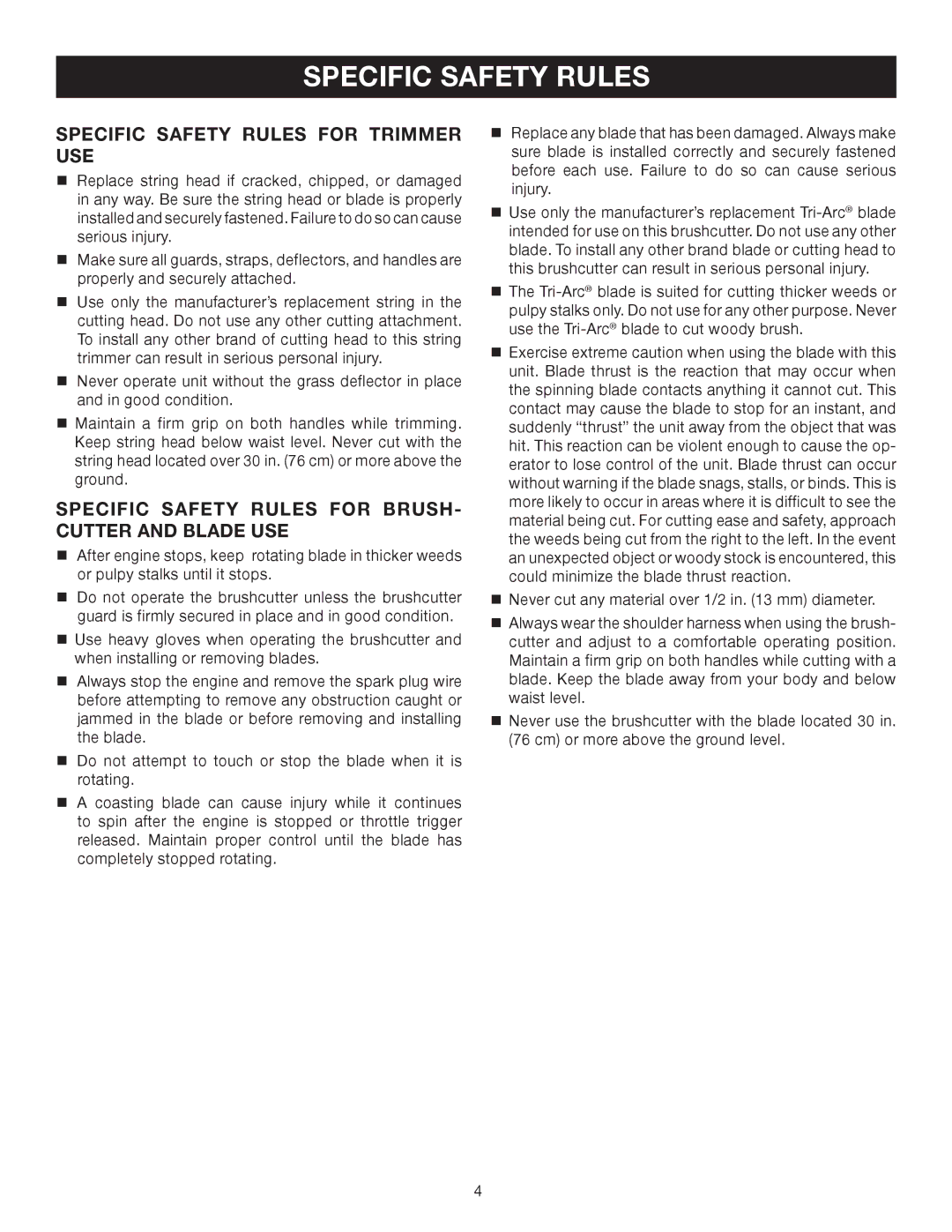 Ryobi SS30 RY30240 manual Specific Safety Rules for Trimmer USE, Specific Safety Rules for BRUSH- Cutter and Blade USE 