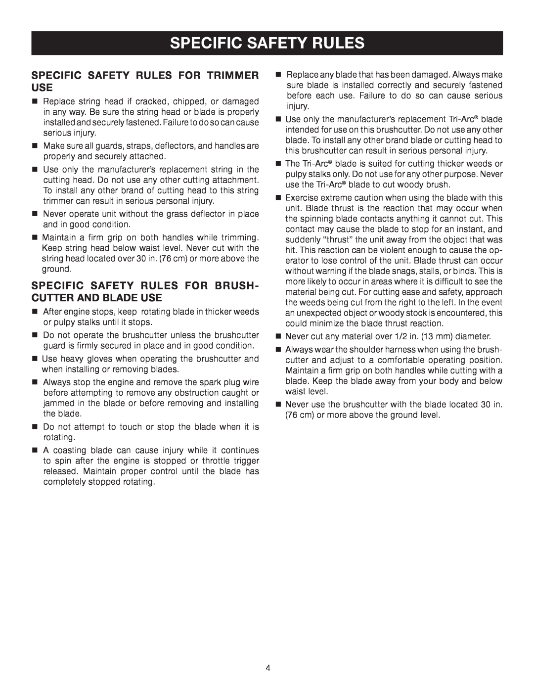 Ryobi SS30 RY30240 manual Specific Safety Rules For Trimmer Use, Specific Safety Rules For Brush- Cutter And Blade Use 