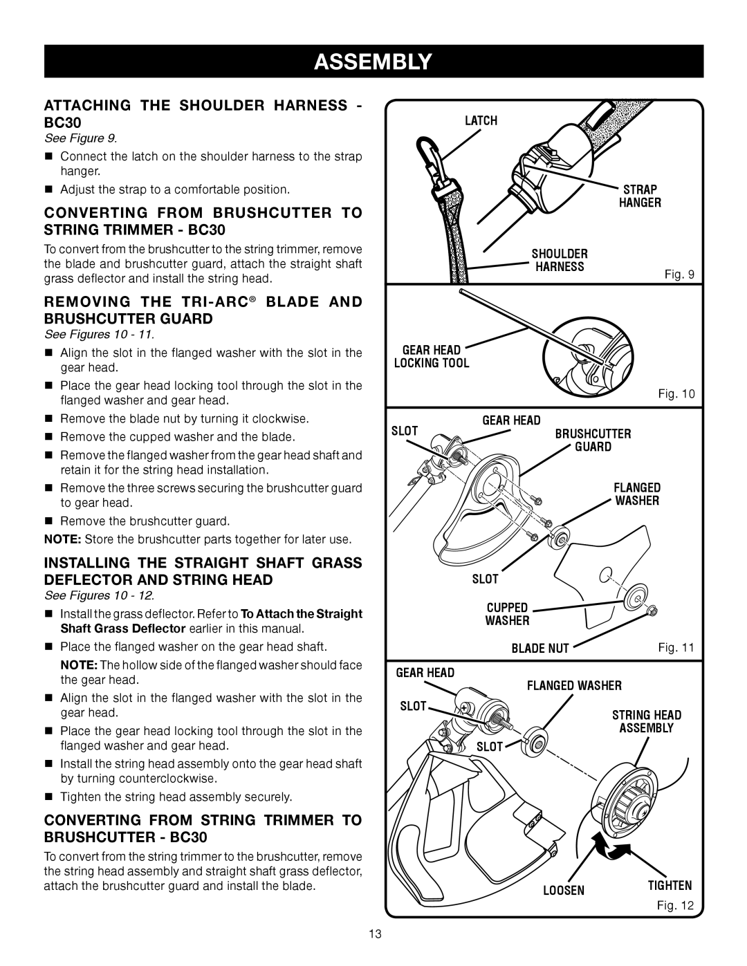 Ryobi SS30 RY30544 Attaching the Shoulder Harness BC30, Converting from Brushcutter to String Trimmer BC30, See Figures 10 