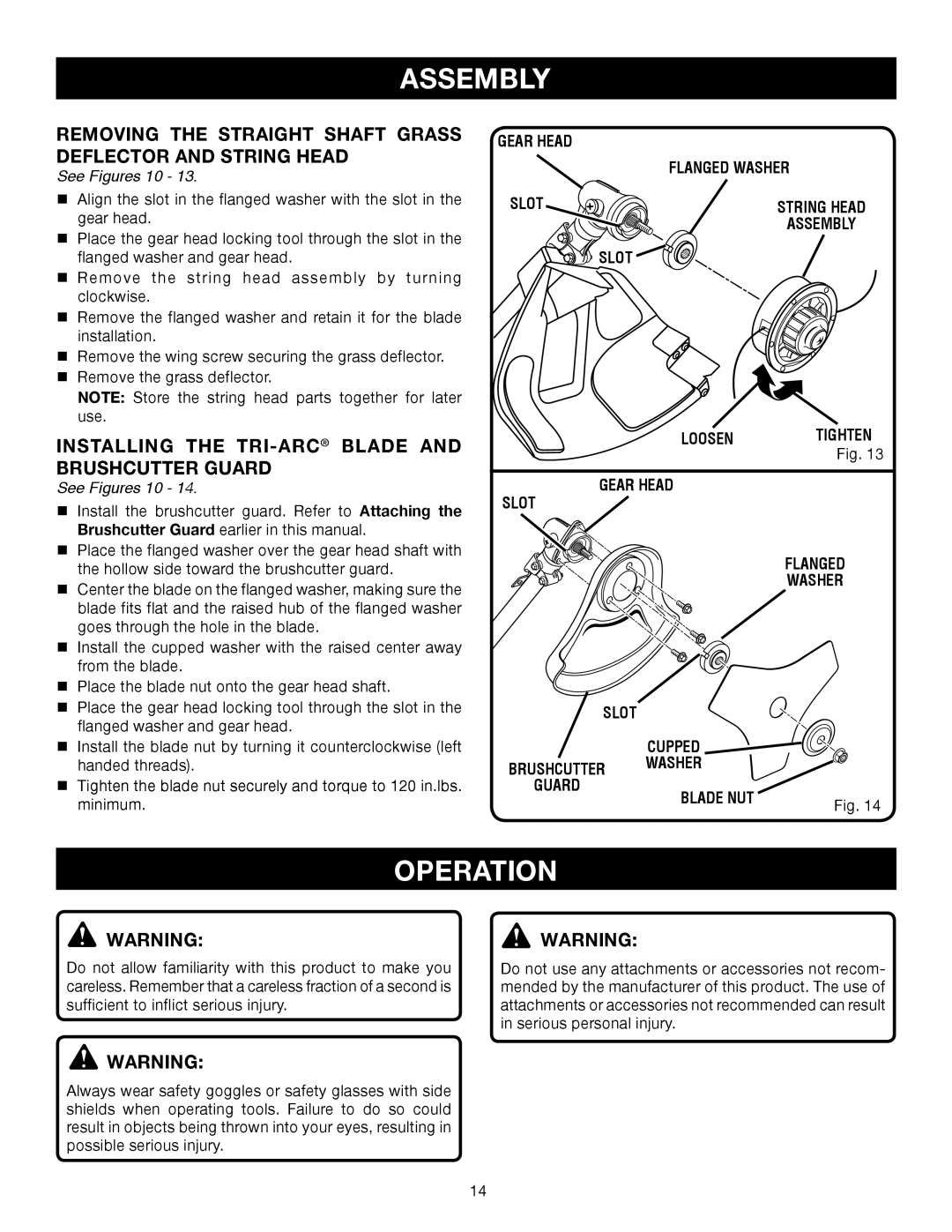 Ryobi BC30 RY30564 Operation, Removing the Straight Shaft Grass Deflector and String Head, Gear Head Flanged Washer Slot 