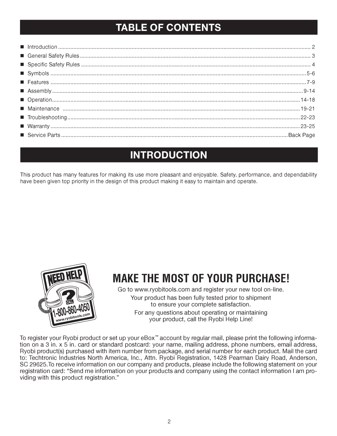 Ryobi BC30 RY30564, CS30 RY30524, SS30 RY30544 manual Introduction, Table of Contents 