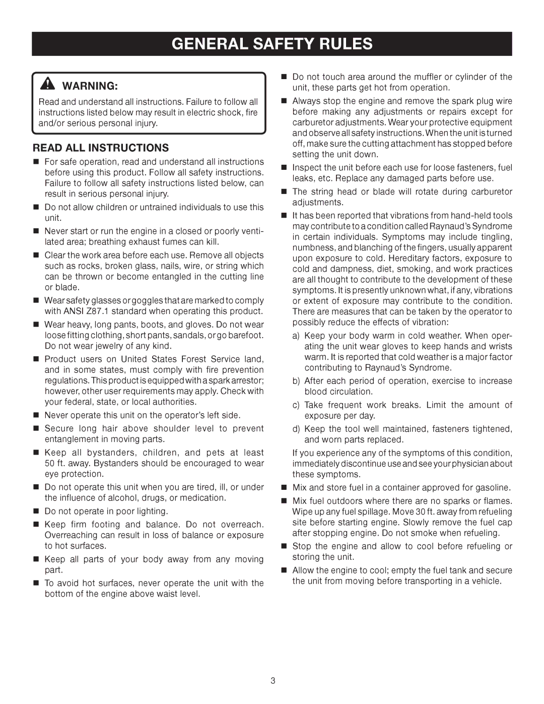 Ryobi CS30 RY30524, SS30 RY30544, BC30 RY30564 manual General Safety Rules, Read ALL Instructions 