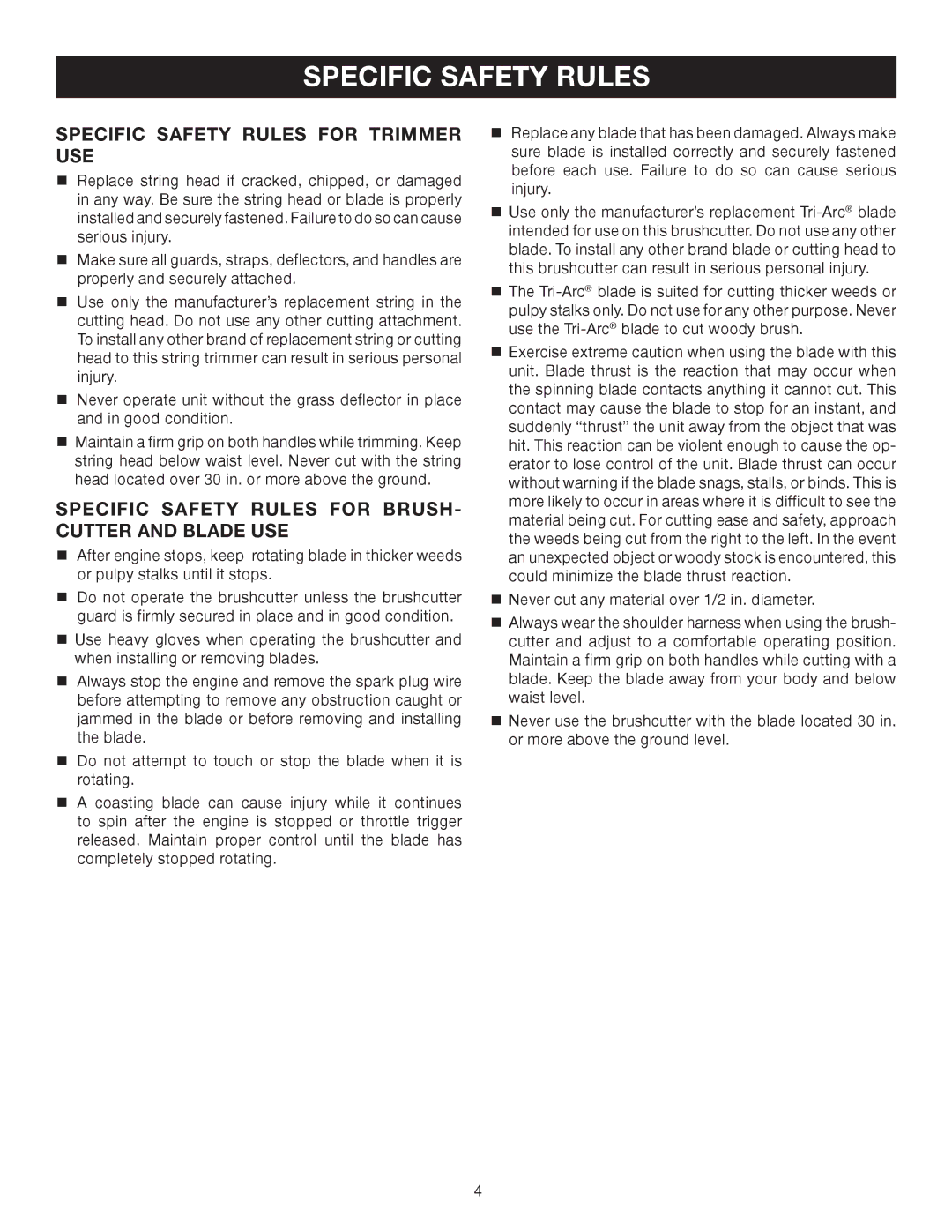 Ryobi SS30 RY30544 manual Specific Safety Rules for Trimmer USE, Specific Safety Rules for BRUSH- Cutter and Blade USE 