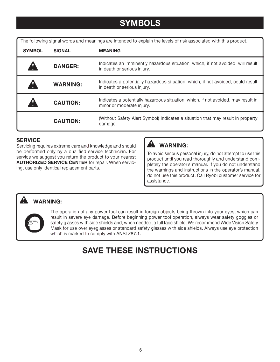 Ryobi CS30 RY30524, SS30 RY30544, BC30 RY30564 manual Service, Symbol Signal Meaning 