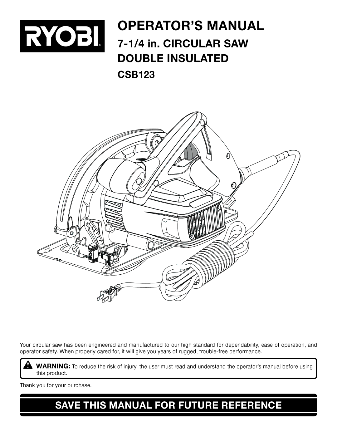 Ryobi CSB123 manual OPERATOR’S Manual, Save this Manual for Future Reference 