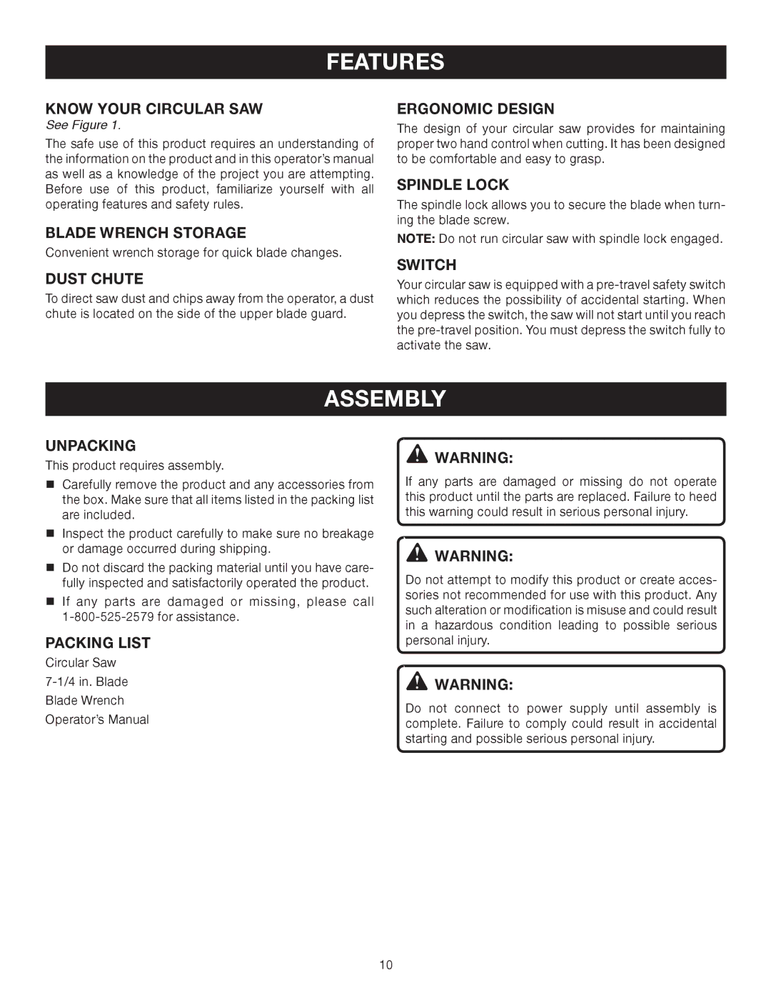 Ryobi CSB123 manual Assembly 