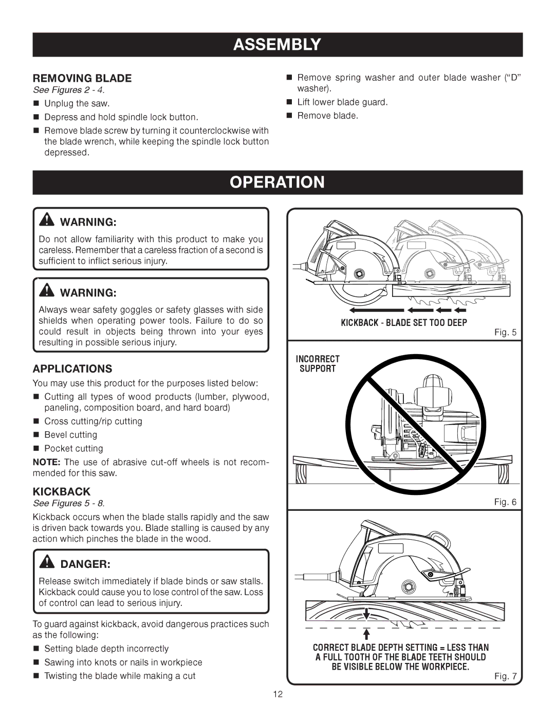 Ryobi CSB123 manual Operation, Removing Blade, Applications, Kickback, See Figures 5 