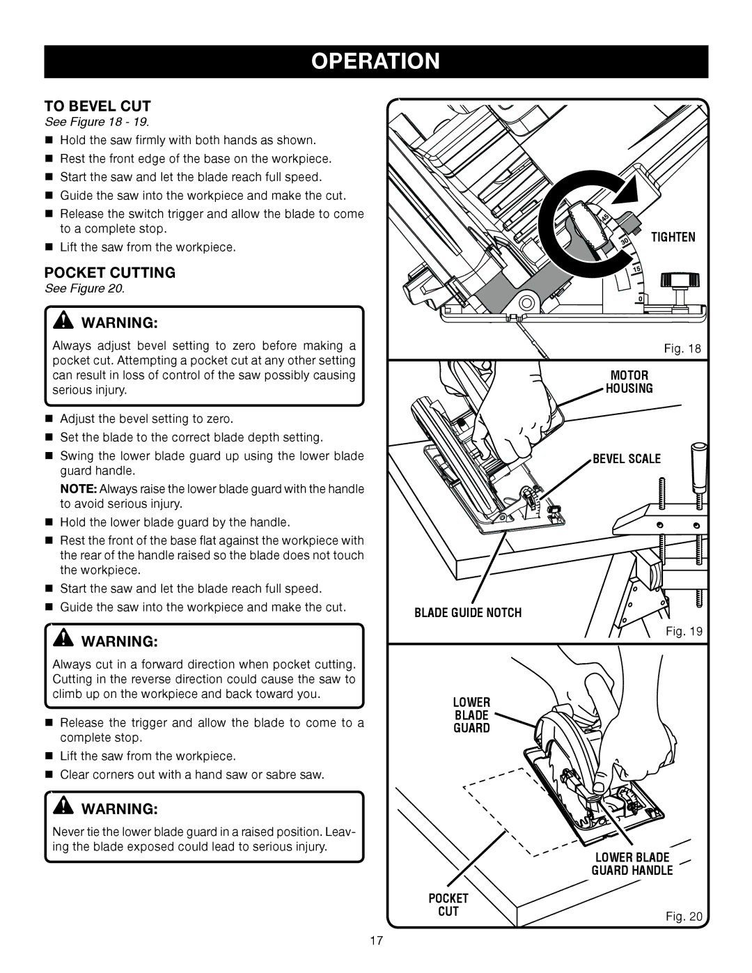 Ryobi CSB123 manual To Bevel CUT, Pocket Cutting, See 