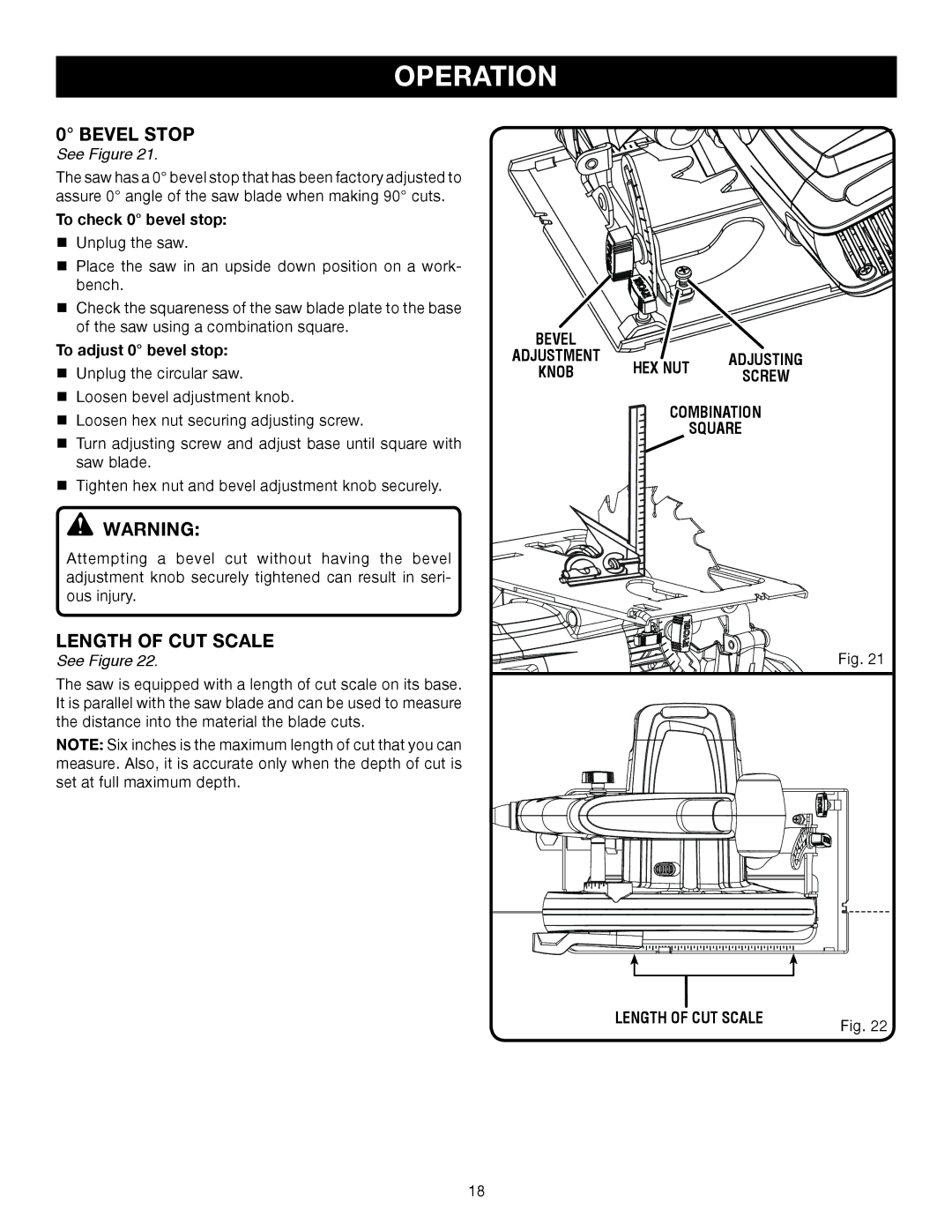 Ryobi CSB123 manual Bevel Stop, Length of CUT Scale 