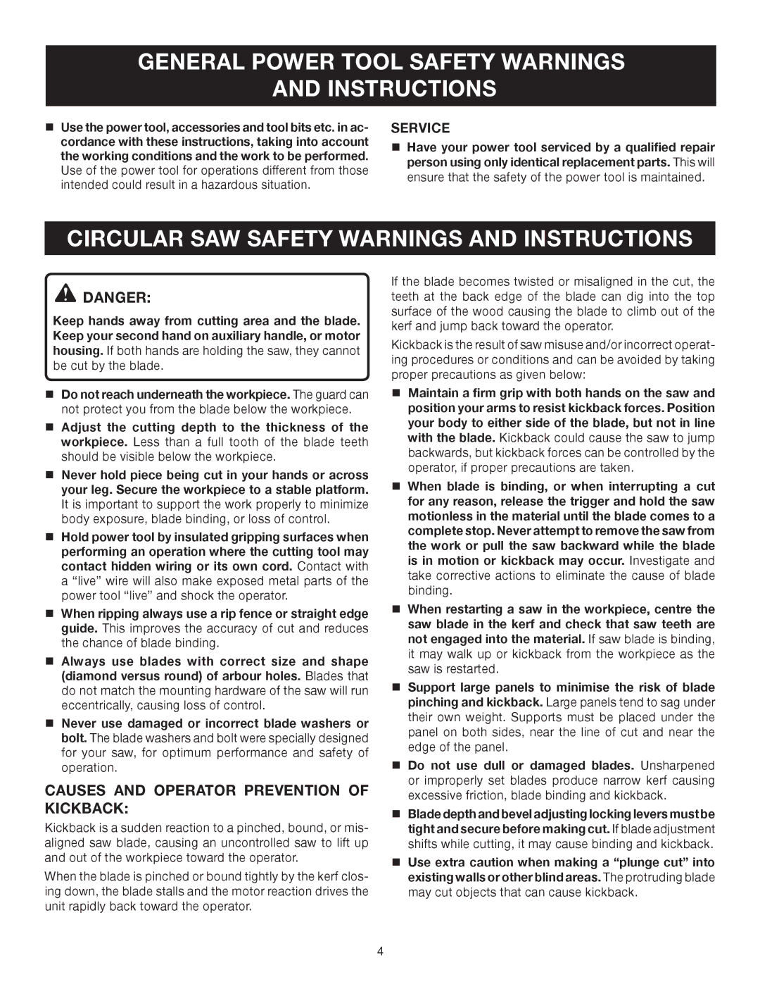 Ryobi CSB123 manual Causes and Operator Prevention of Kickback, Service 