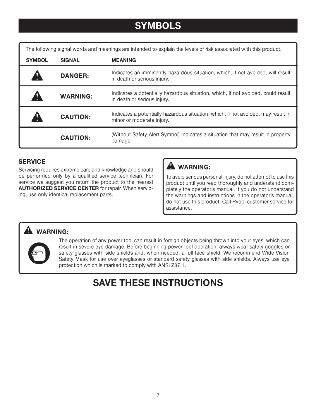 Ryobi CSB123 manual Service, Symbol Signal Meaning 