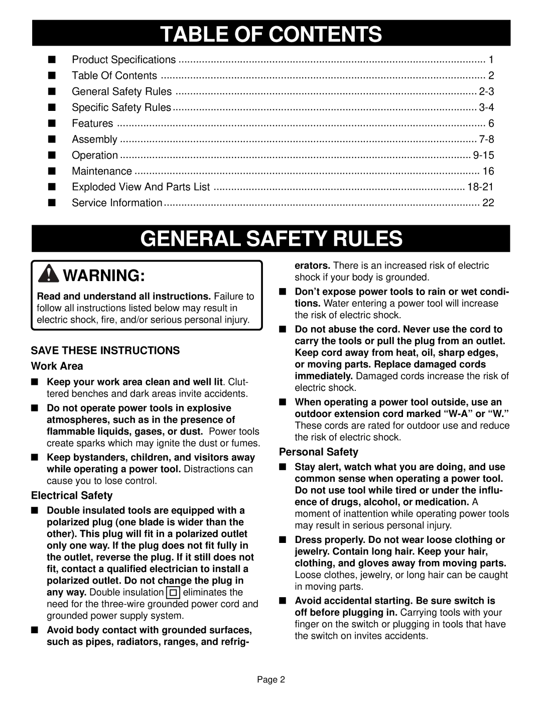 Ryobi CSB120, CSB130JS specifications Table of Contents, General Safety Rules 