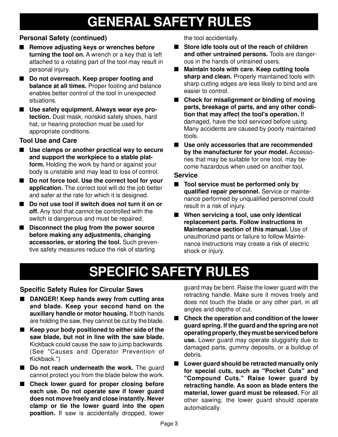 Ryobi CSB130JS, CSB120 specifications Tool Use and Care, Service, Specific Safety Rules for Circular Saws 