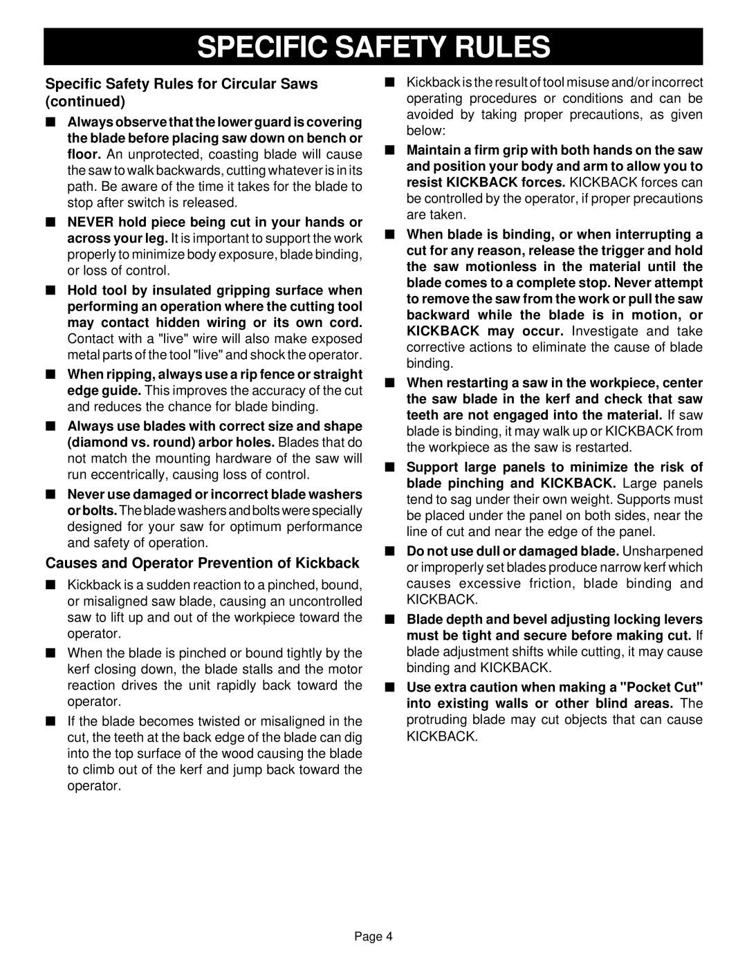 Ryobi CSB130JS, CSB120 specifications Causes and Operator Prevention of Kickback 