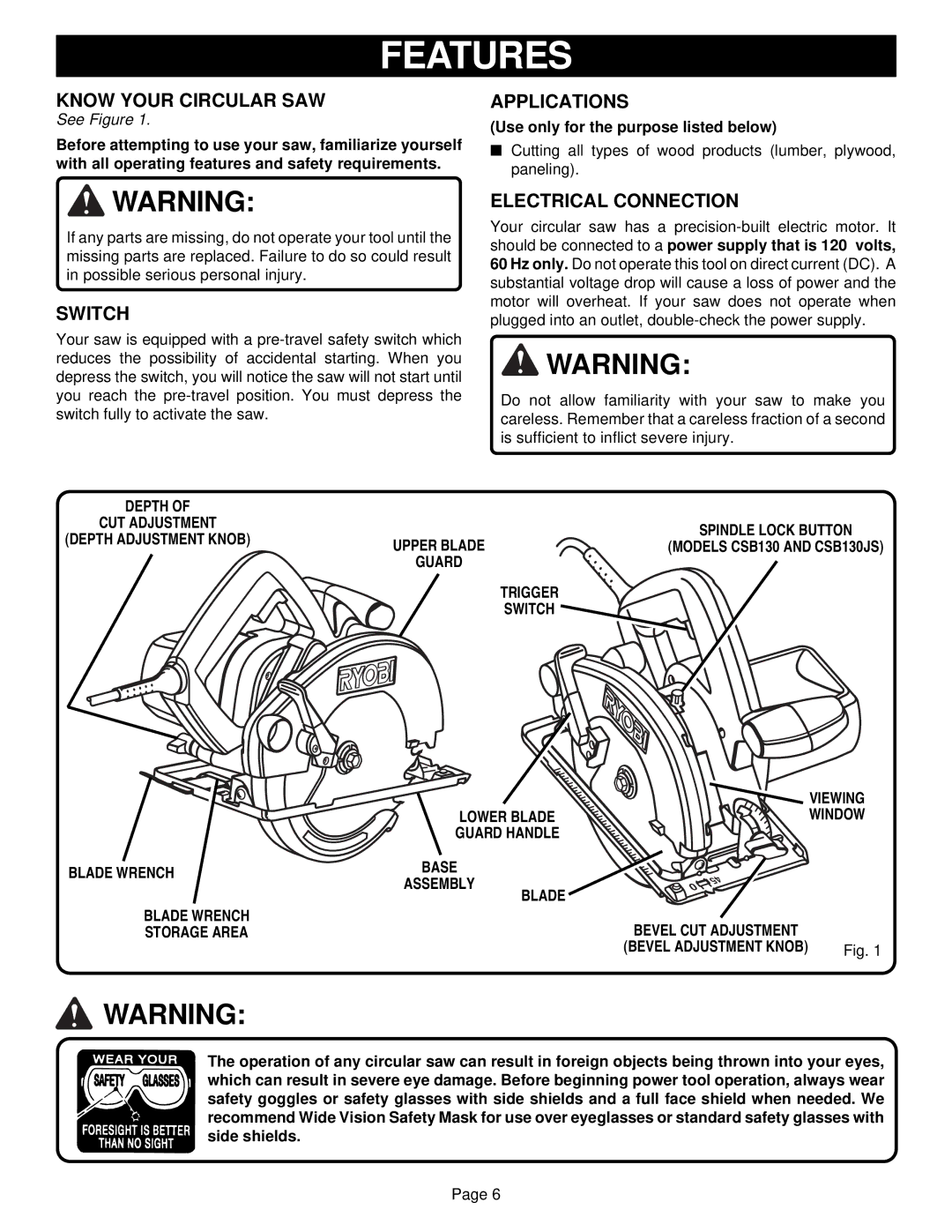 Ryobi CSB130JS, CSB120 specifications Features, Know Your Circular SAW, Applications, Switch, Electrical Connection 