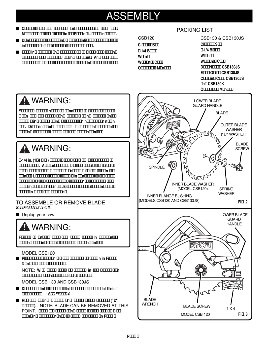 Ryobi CSB130JS, CSB120 specifications Assembly, To Assemble or Remove Blade, Packing List 