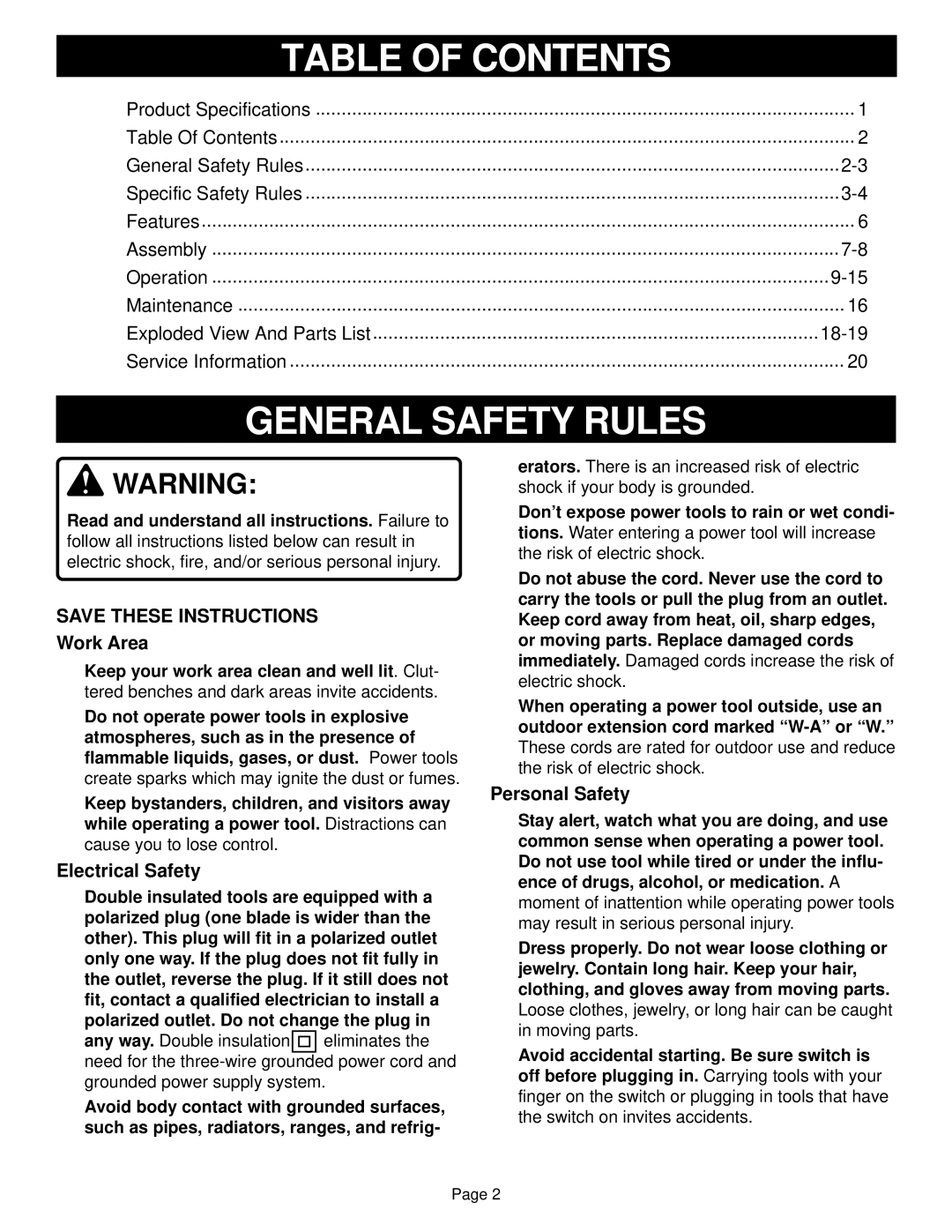 Ryobi CSB1308 specifications Table of Contents, General Safety Rules 