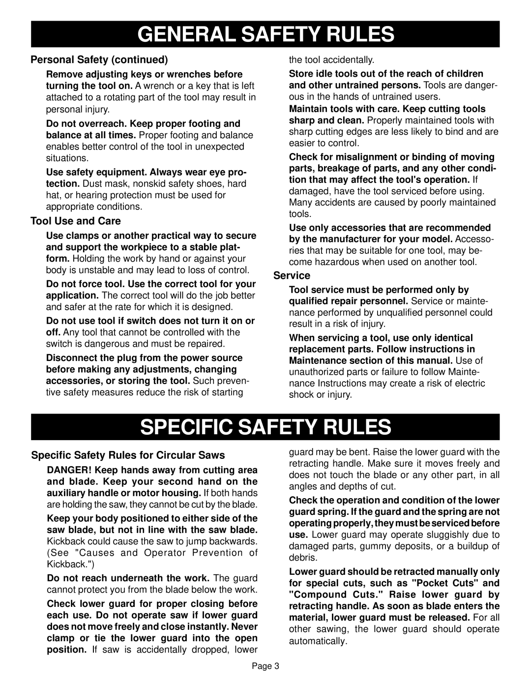 Ryobi CSB1308 specifications Tool Use and Care, Service, Specific Safety Rules for Circular Saws 