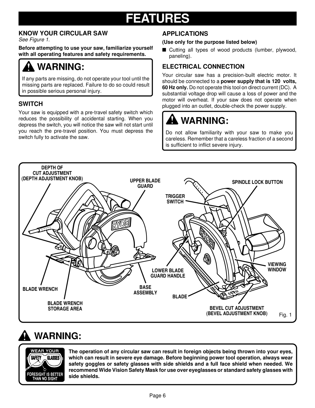 Ryobi CSB1308 specifications Features, Know Your Circular SAW, Applications, Switch, Electrical Connection 