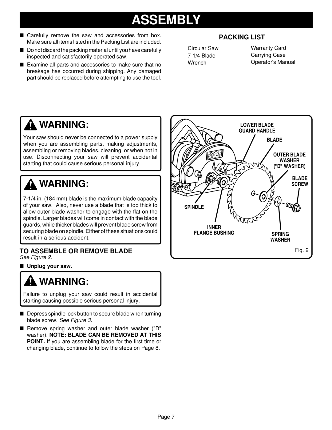 Ryobi CSB1308 specifications Assembly, To Assemble or Remove Blade, Packing List 