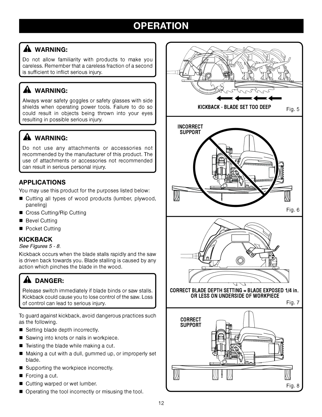 Ryobi CSB132L manual Operation, Applications, Kickback, See Figures 5 