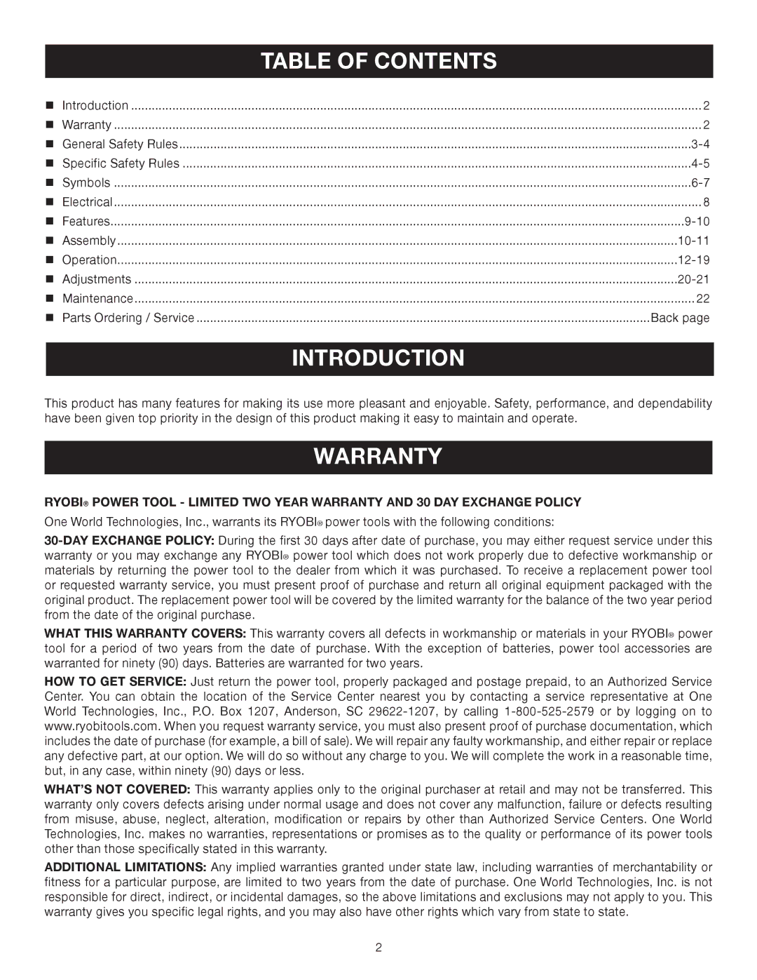 Ryobi CSB132L manual Introduction, Warranty 