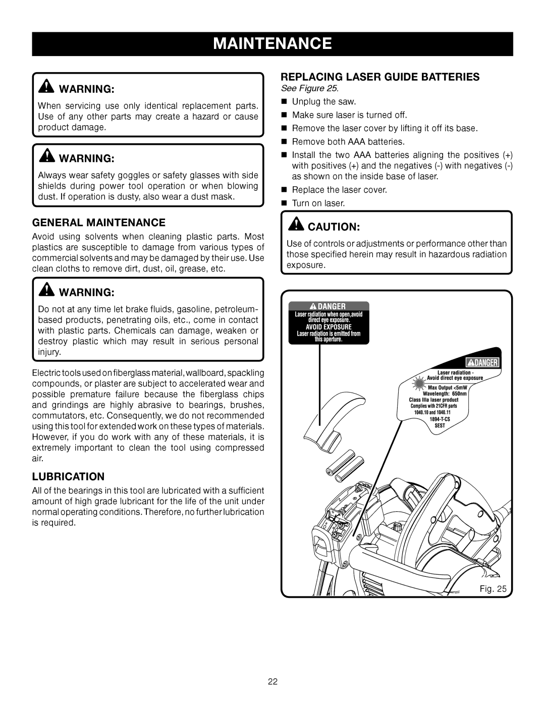 Ryobi CSB132L manual General Maintenance, Lubrication, Replacing Laser Guide Batteries 