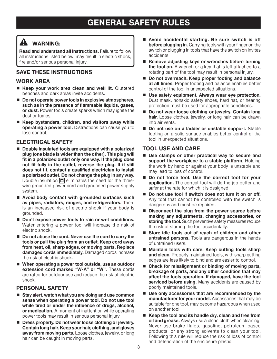 Ryobi CSB132L manual General Safety Rules, Work Area, Electrical Safety, Personal Safety, Tool USE and Care 