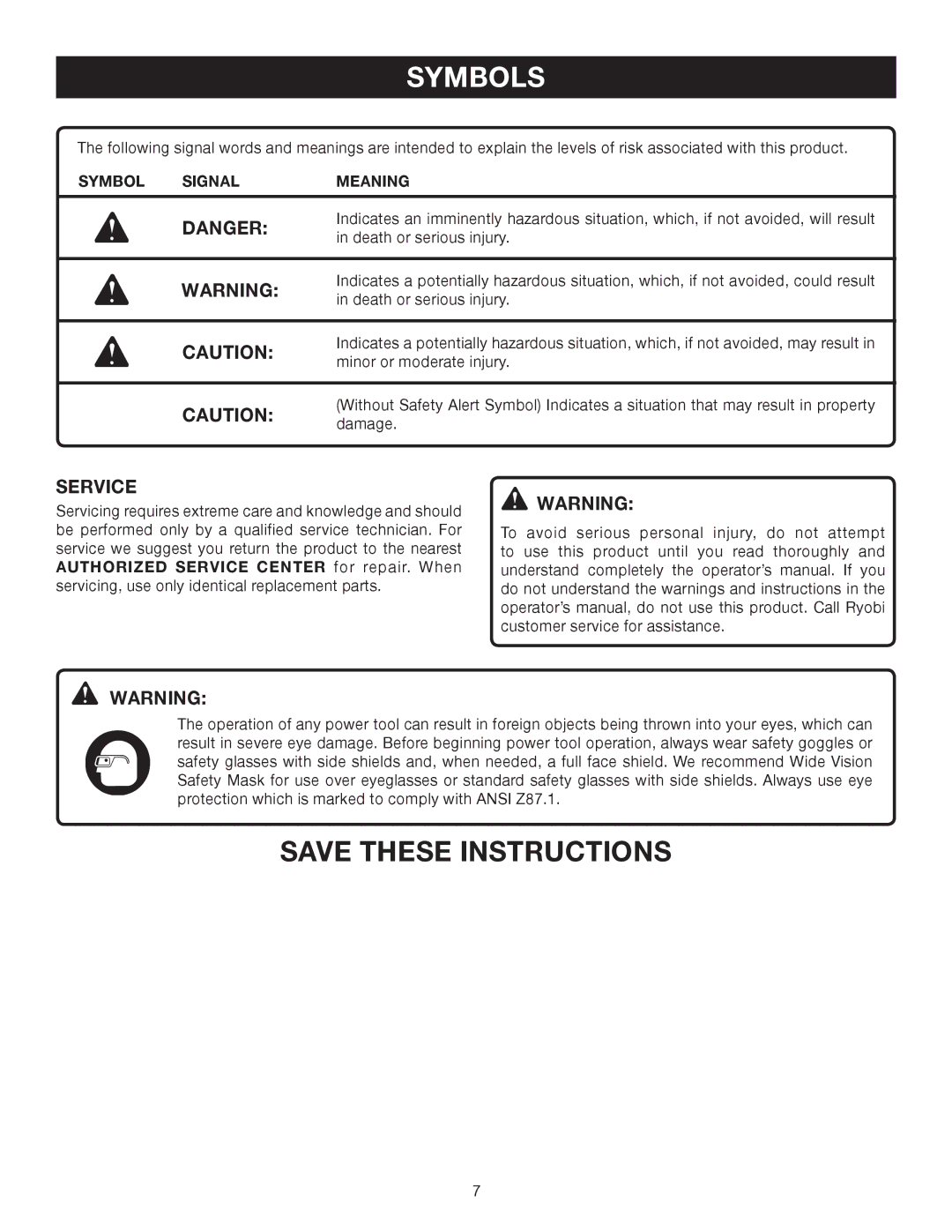 Ryobi CSB132L manual Service, Symbol Signal Meaning 