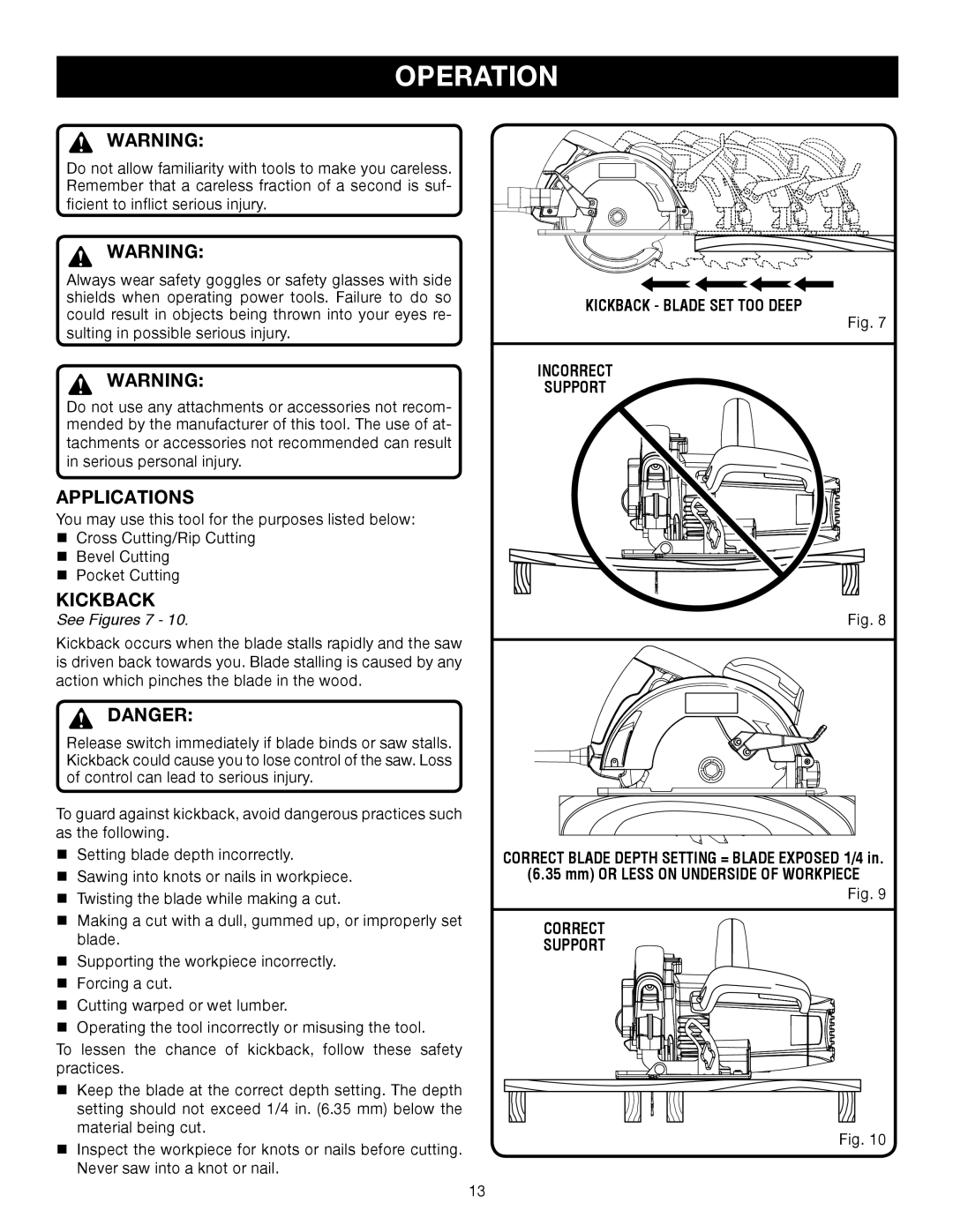 Ryobi csb140lz manual Operation, Applications, Kickback, See Figures 7 