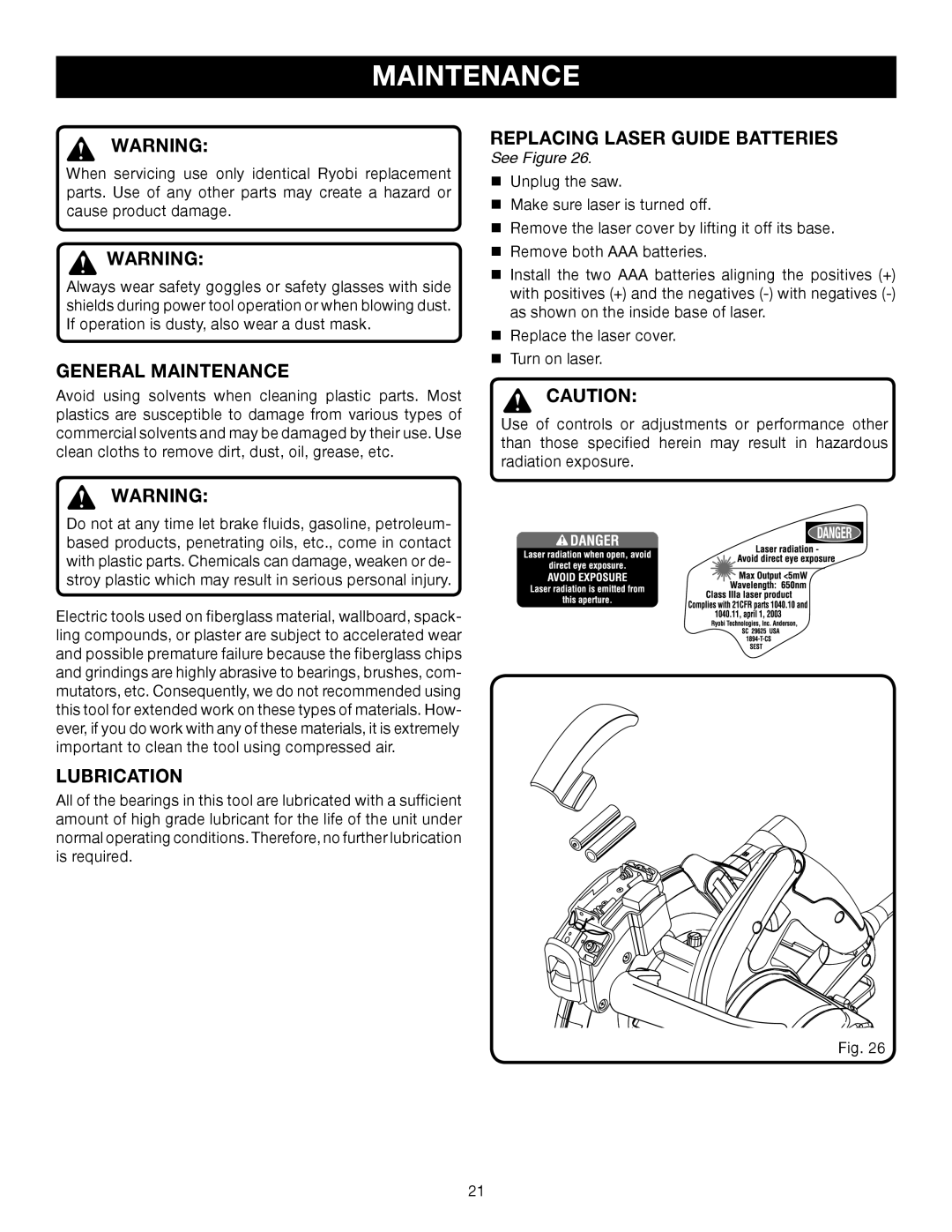 Ryobi csb140lz manual General Maintenance, Lubrication, Replacing Laser Guide Batteries 