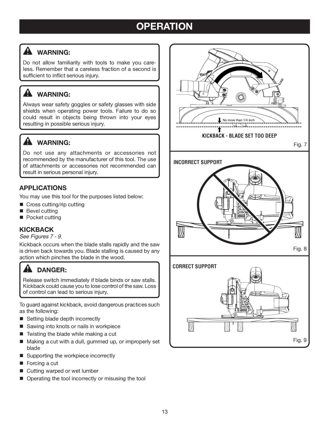 Ryobi CSB141LZ manual Operation, Applications, Kickback, See Figures 7 