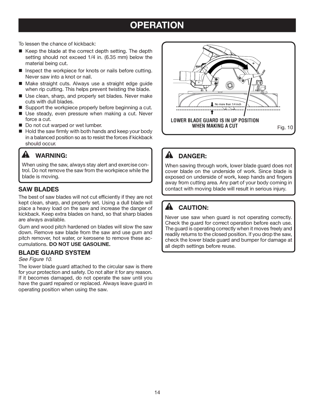 Ryobi CSB141LZ manual SAW Blades, Blade Guard System 