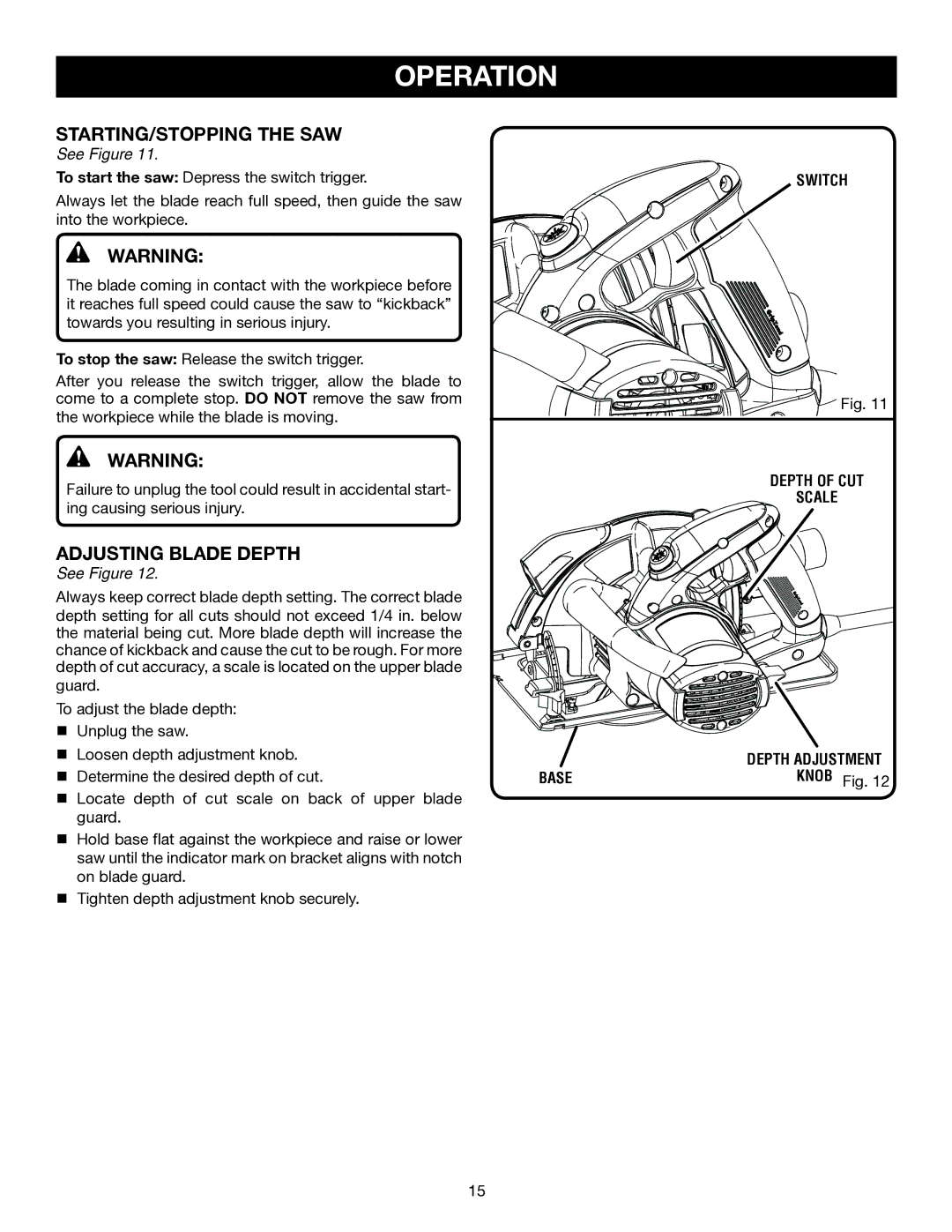 Ryobi CSB141LZ manual STARTING/STOPPING the SAW, Adjusting Blade Depth 