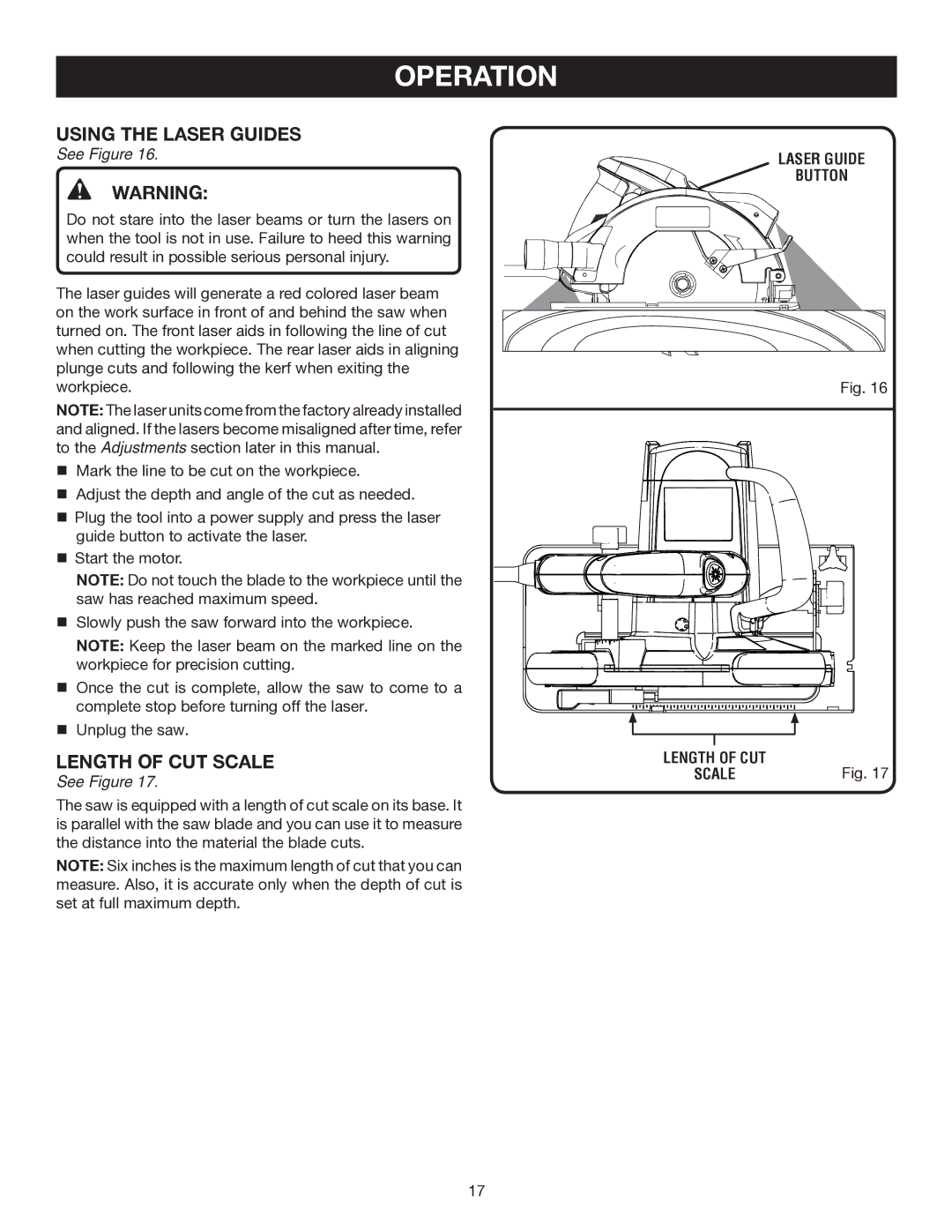 Ryobi CSB141LZ manual Using the Laser Guides, Length of CUT Scale 