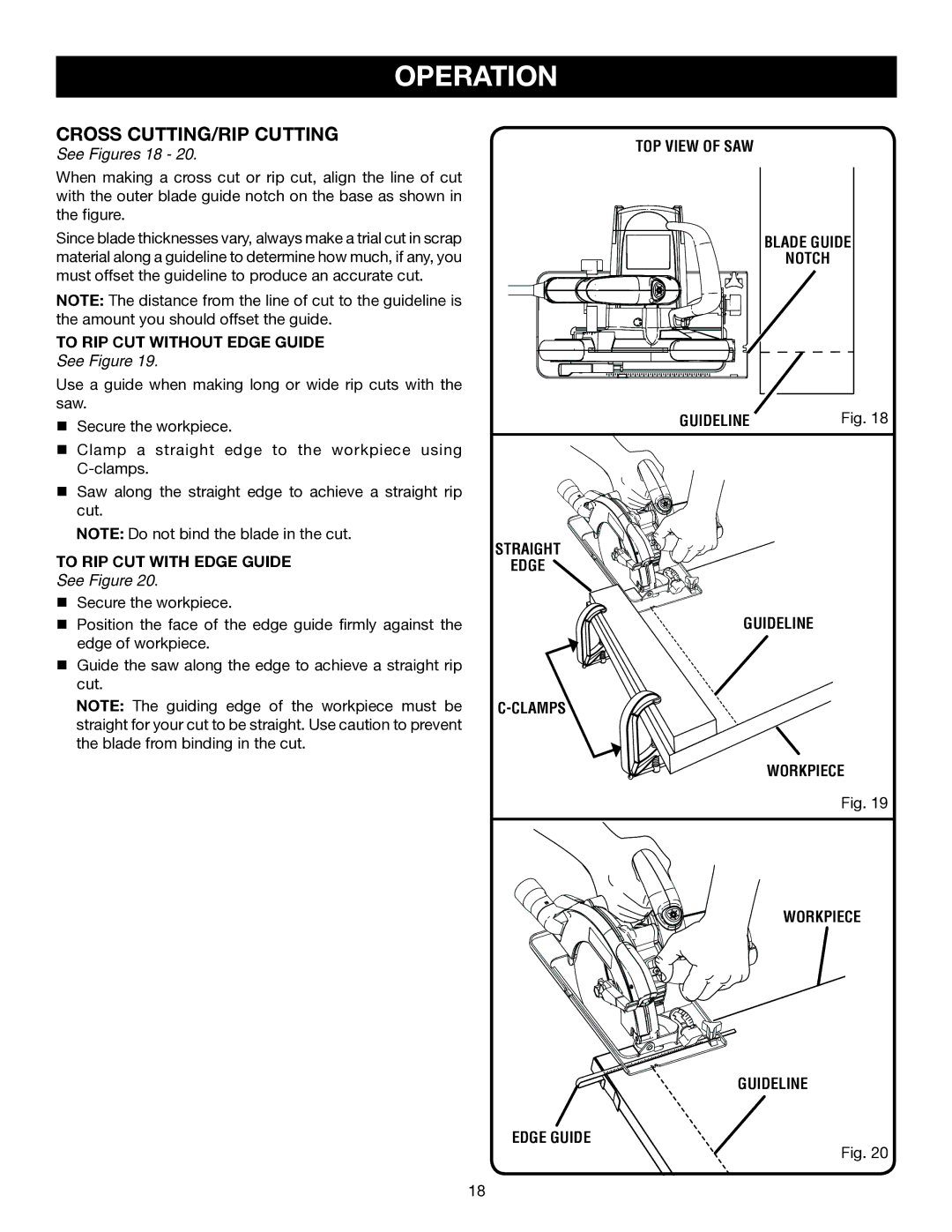 Ryobi CSB141LZ manual Cross CUTTING/RIP Cutting, See Figures 18 