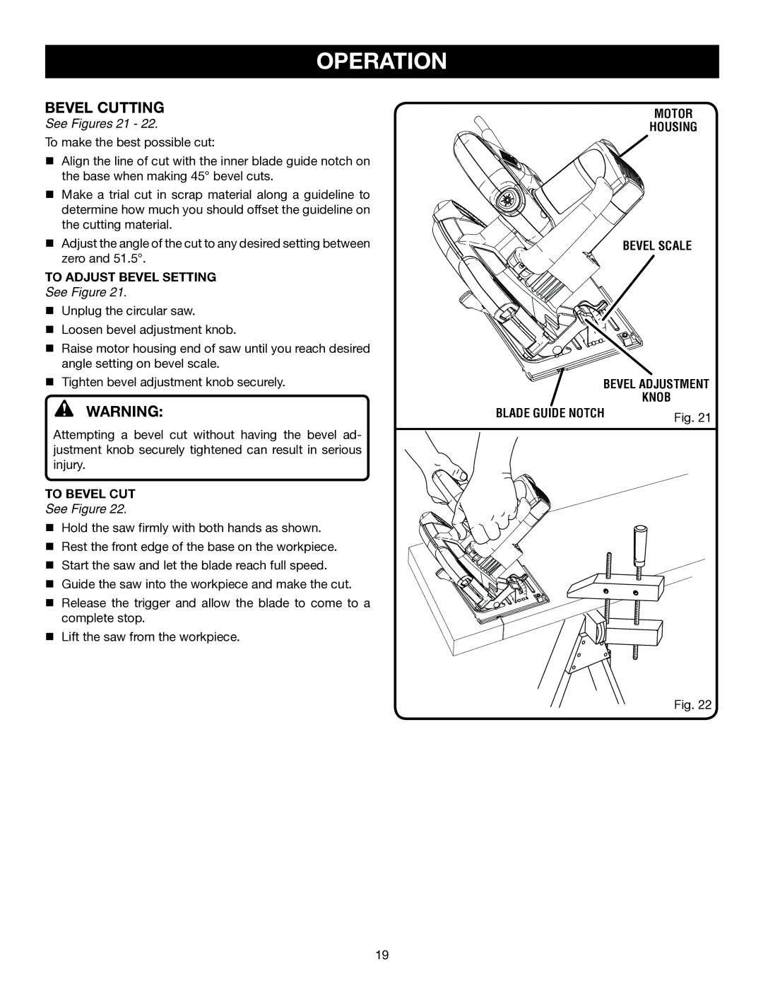 Ryobi CSB141LZ manual Bevel Cutting, See Figures 21 