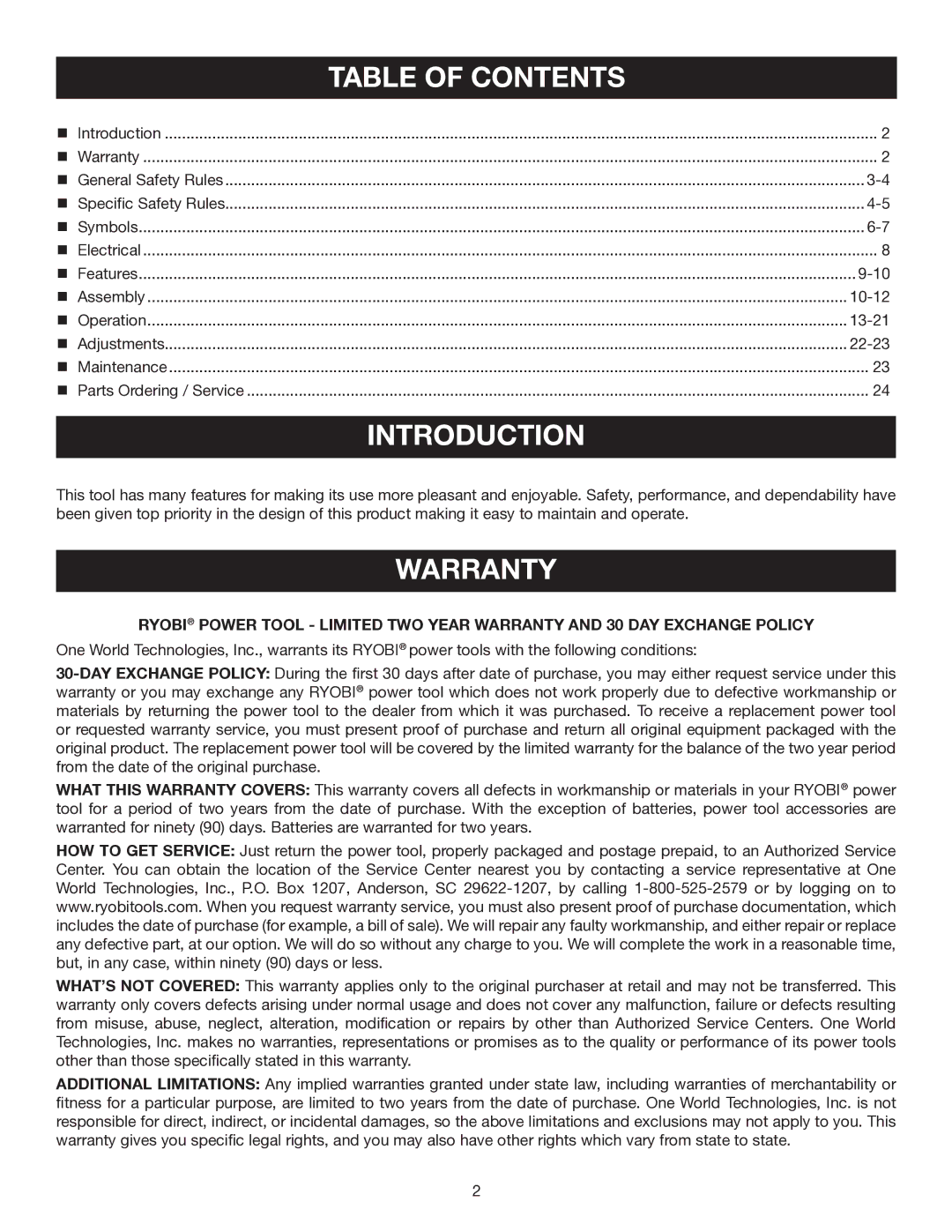 Ryobi CSB141LZ manual Introduction, Warranty 