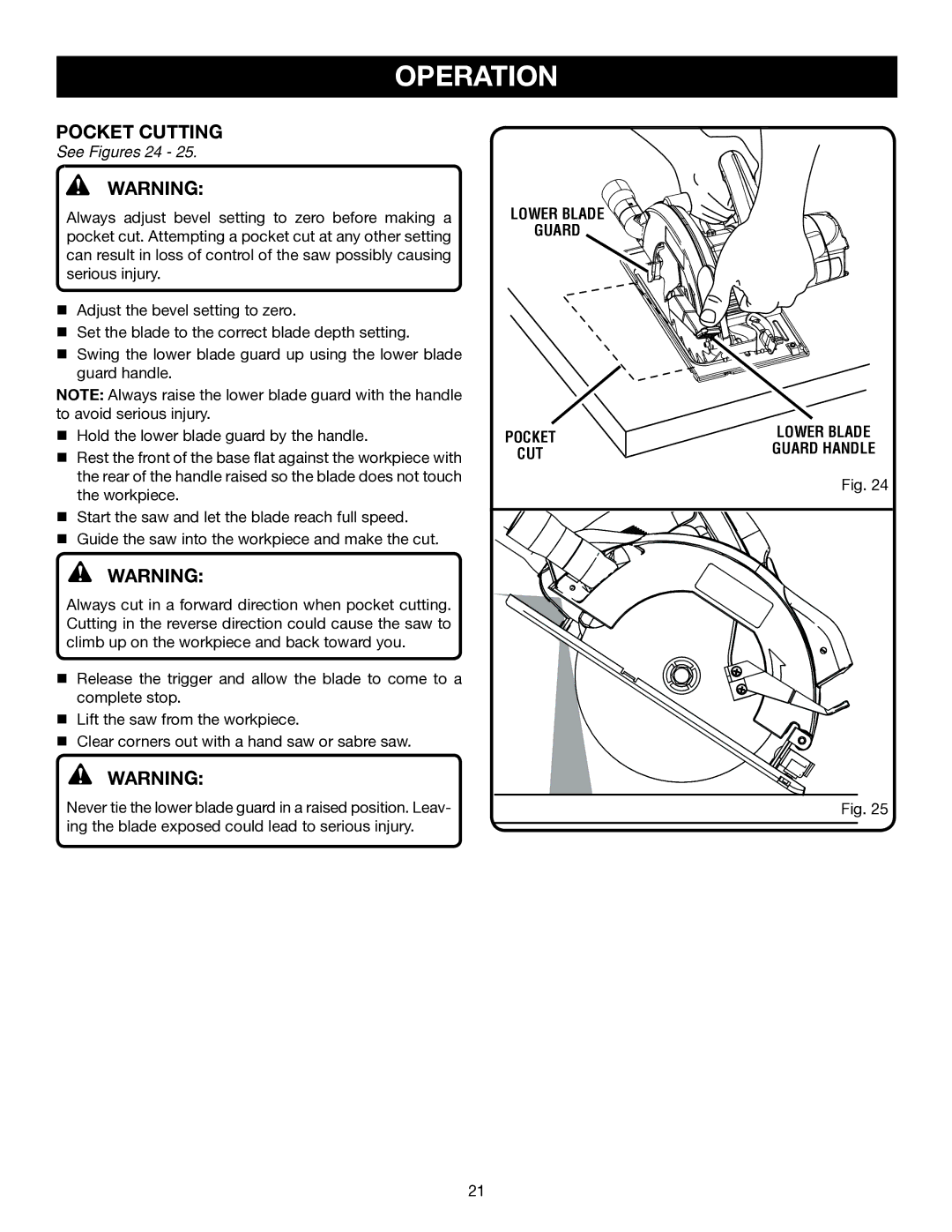 Ryobi CSB141LZ manual Pocket Cutting, See Figures 24 