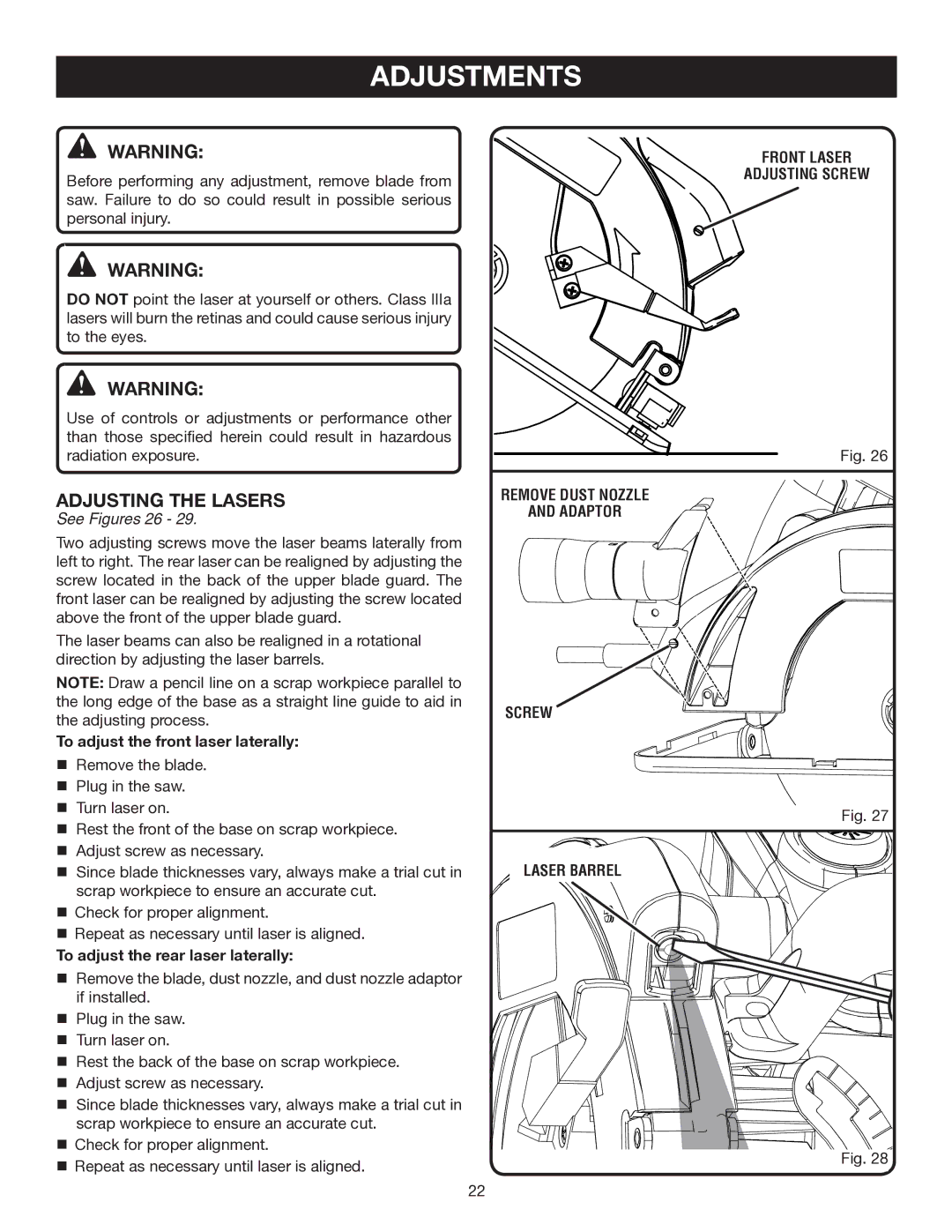 Ryobi CSB141LZ manual Adjustments, Adjusting the Lasers, See Figures 26 